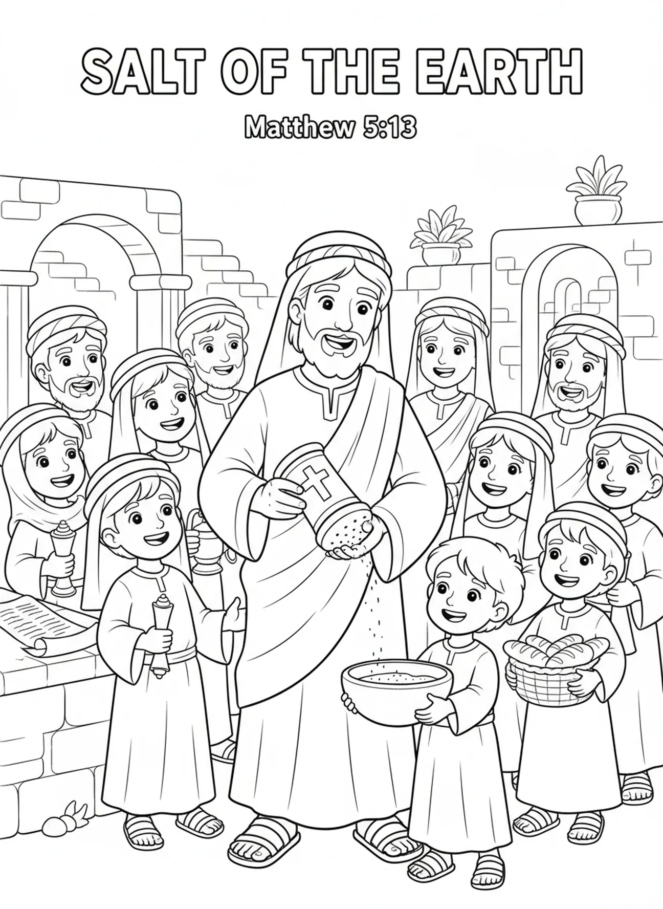 Jésus avec un saloir, page à colorier Sel de la Terre pour les enfants de catéchisme âgés de 5 à 12 ans.