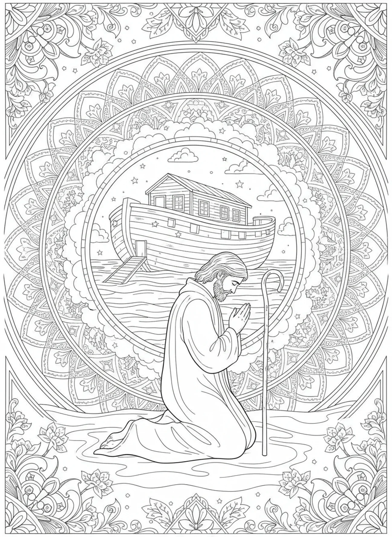 Noé en prière avec l'arche, page à colorier de marque-page biblique pour le style de journalisation biblique pour adultes.