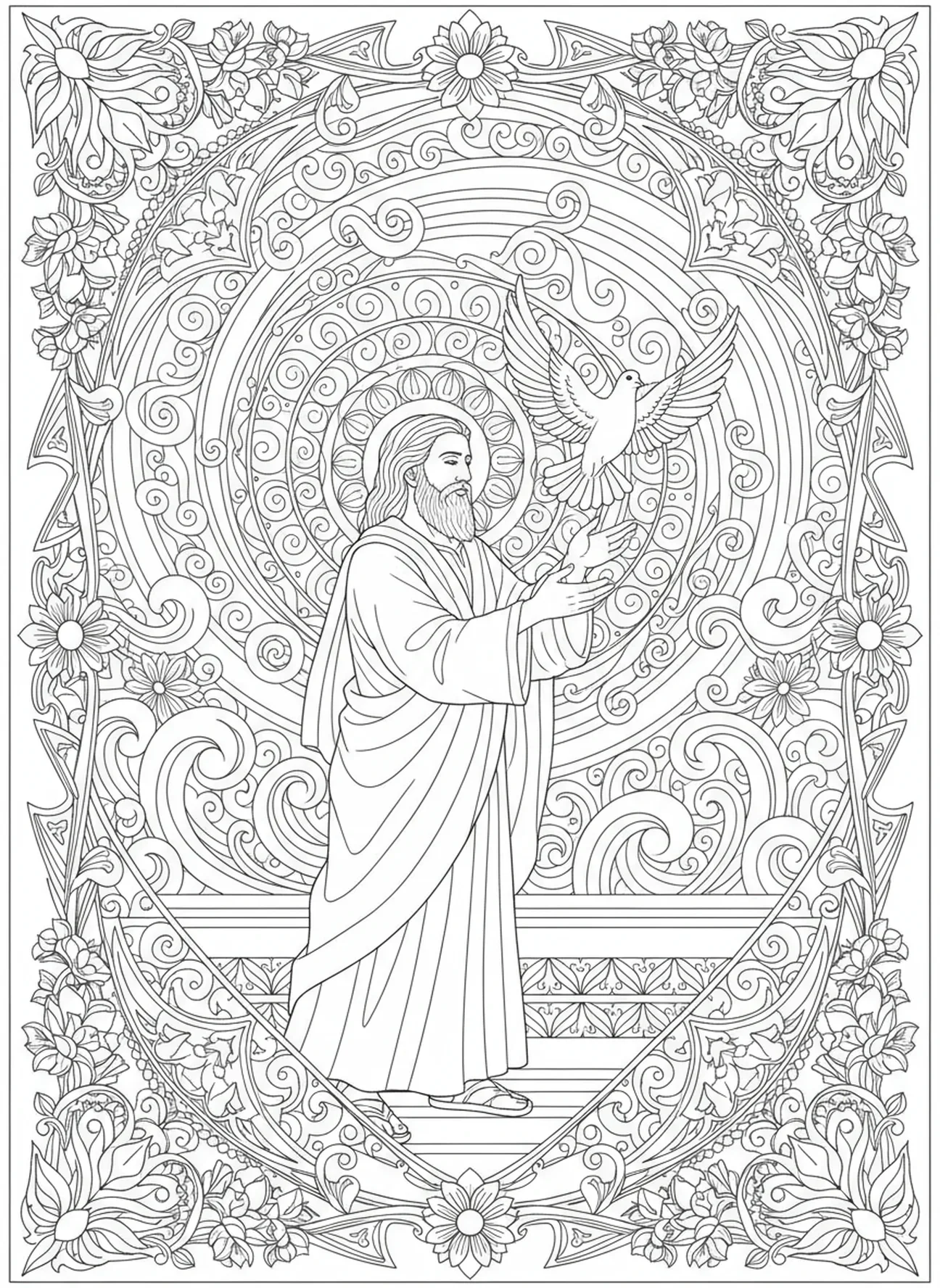 Noé libérant une colombe, page à colorier de marque-page biblique pour adultes dans un style de journalisation biblique.