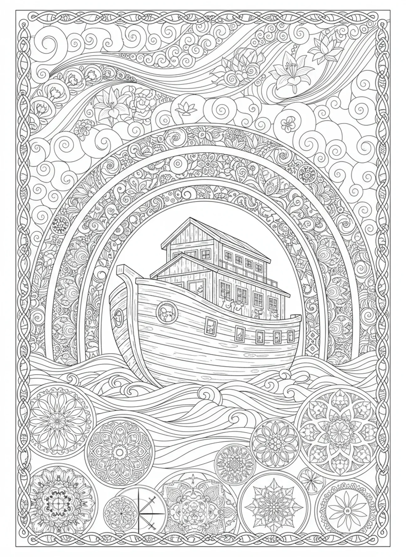 Arc-en-ciel au-dessus de l'arche, page à colorier de marque-page biblique pour le style de journalisation biblique pour adultes.