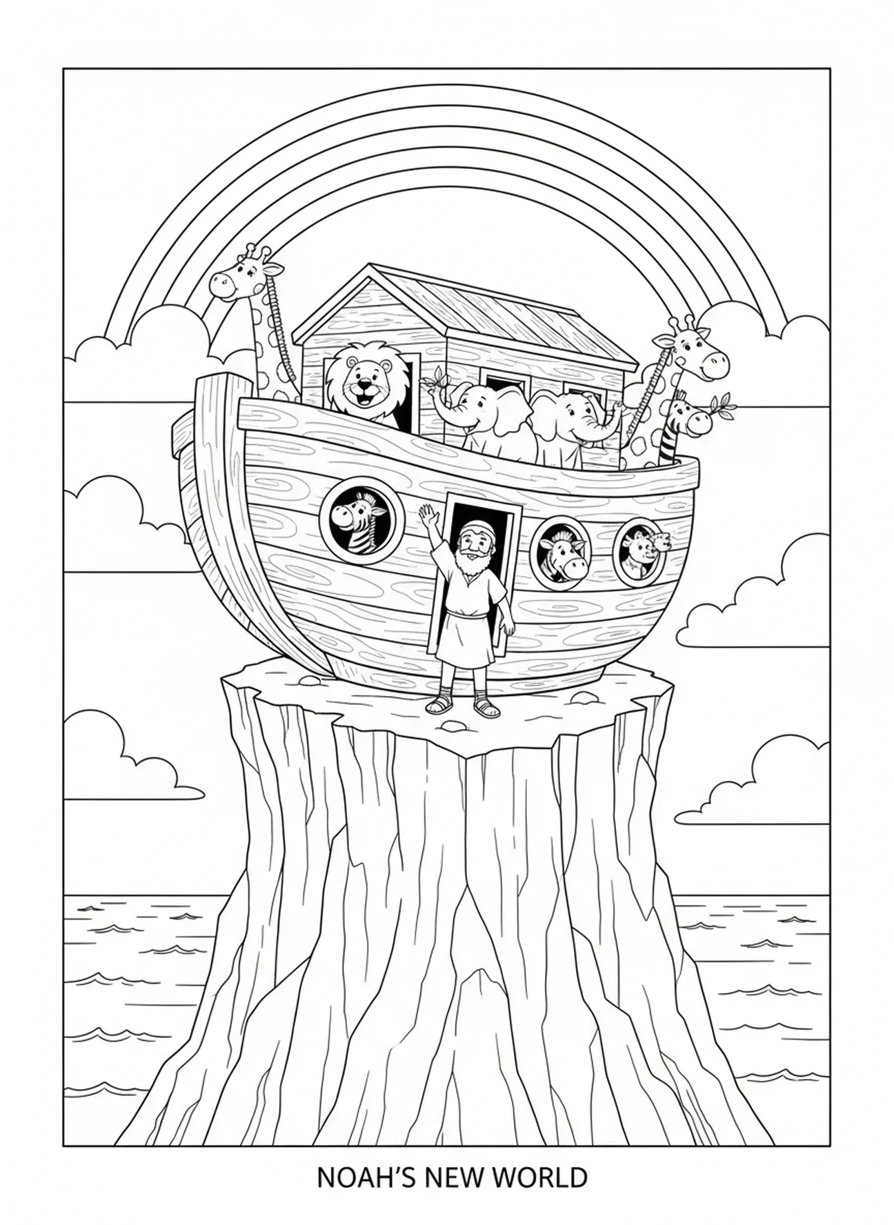 Noah und Tiere feiern, als die Arche landet, Ausmalbild mit Schriftblumen für Kinder im Alter von 5-10 Jahren
