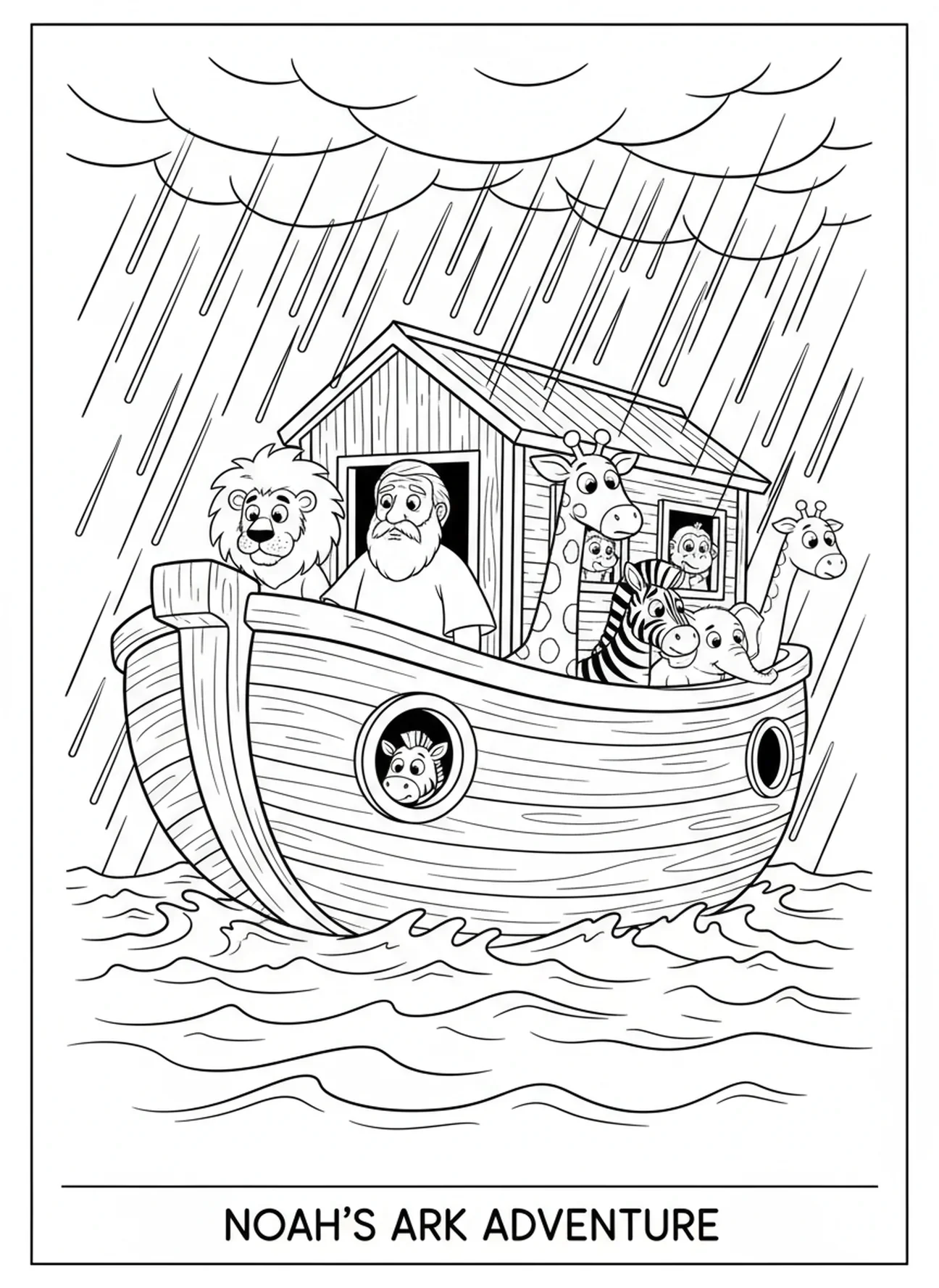 Noah und Tiere beobachten den Regen von der Arche, Ausmalbild mit biblischem Thema für Kinder im Alter von 5-10 Jahren
