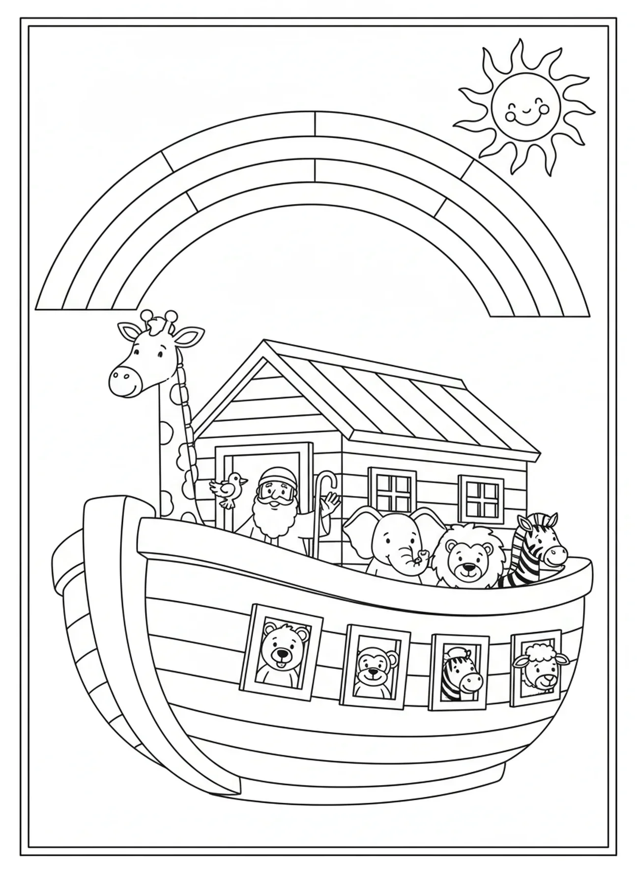 Regenbogen über der Arche, Ausmalbild mit Schriftblumen für Kinder im Alter von 5-10 Jahren
