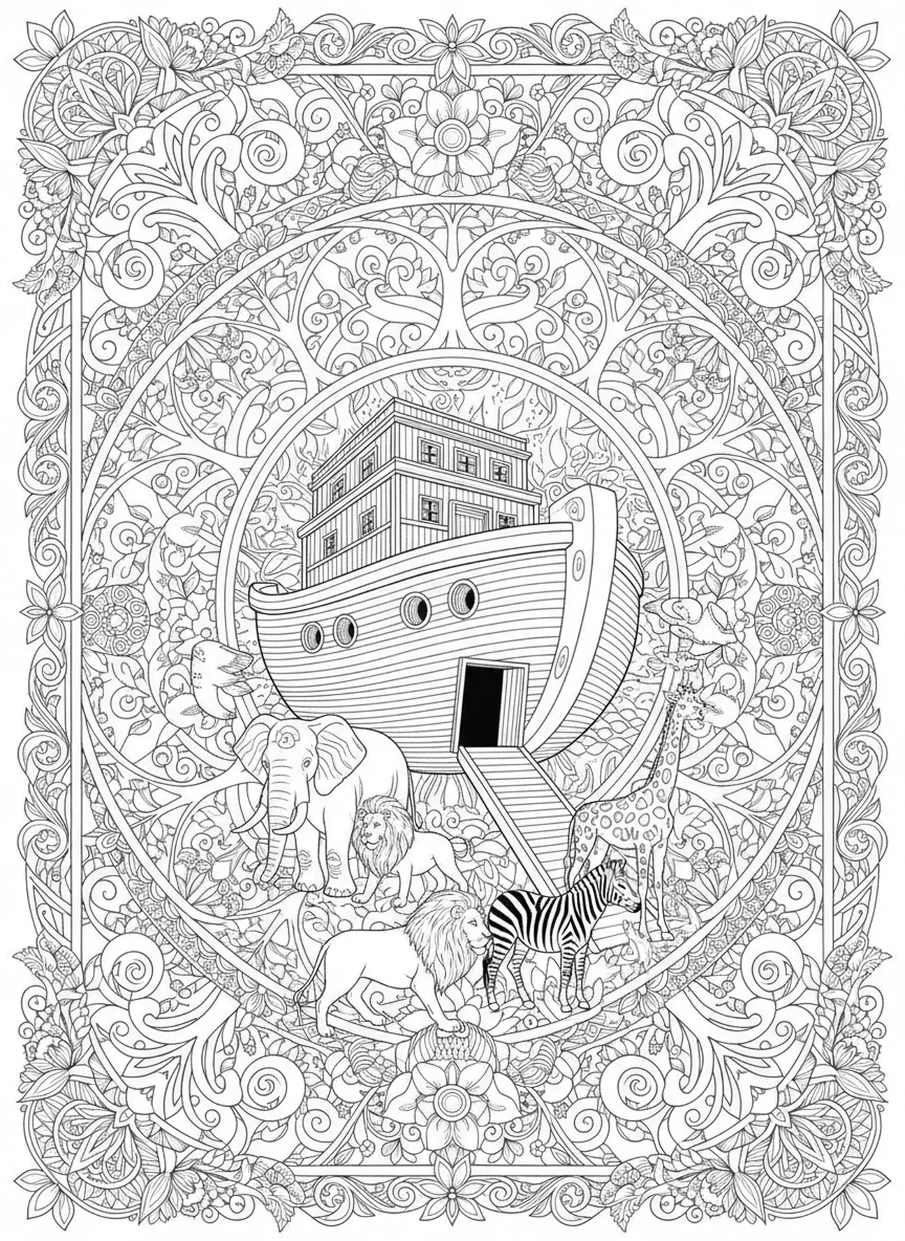 Paires d'animaux entrant dans l'arche, page à colorier mandala Écriture pour adultes dans le style du journal biblique.