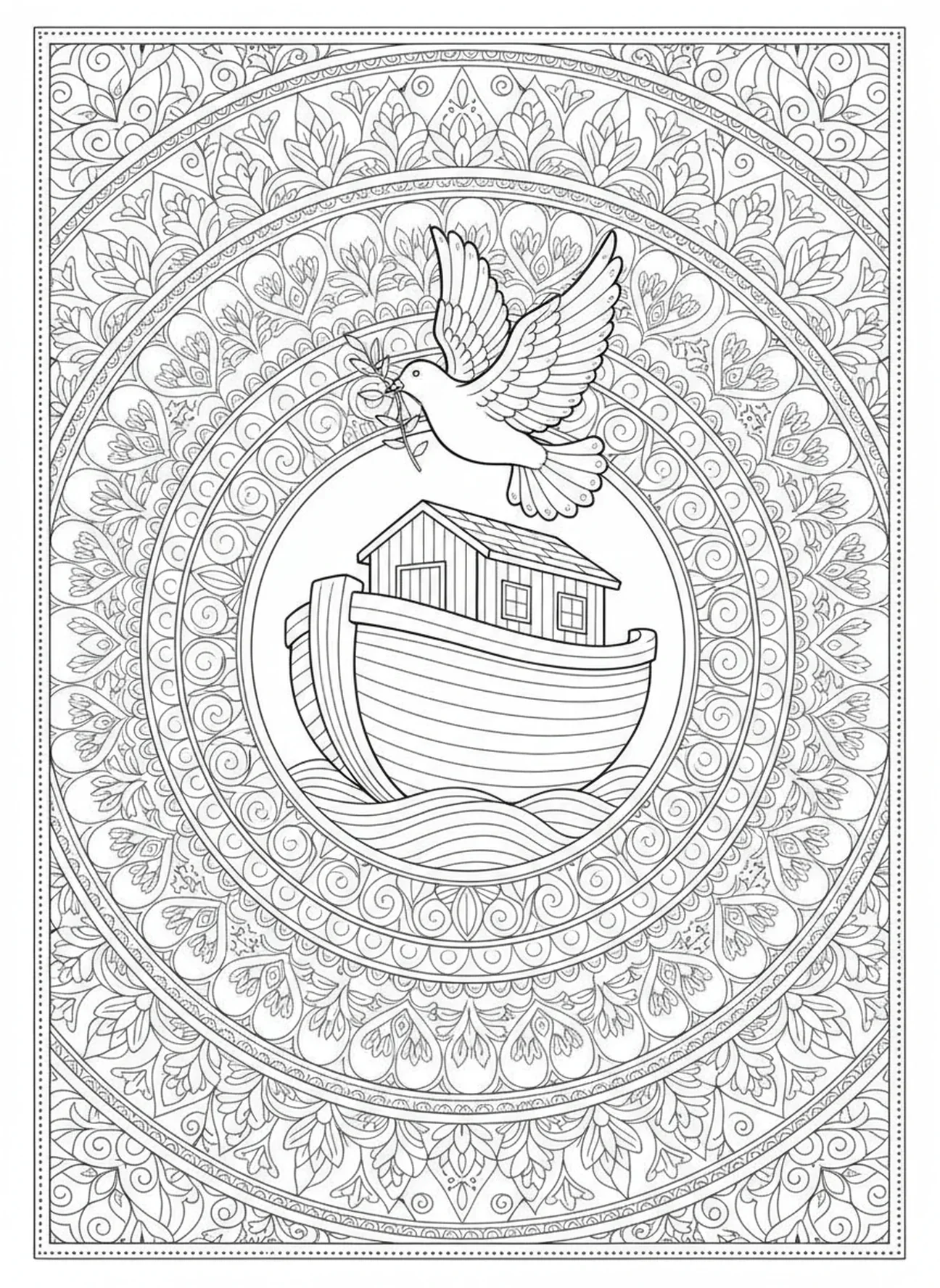Colombe portant une branche d'olivier, page de coloriage mandala Écriture pour adultes dans le style du journal biblique.