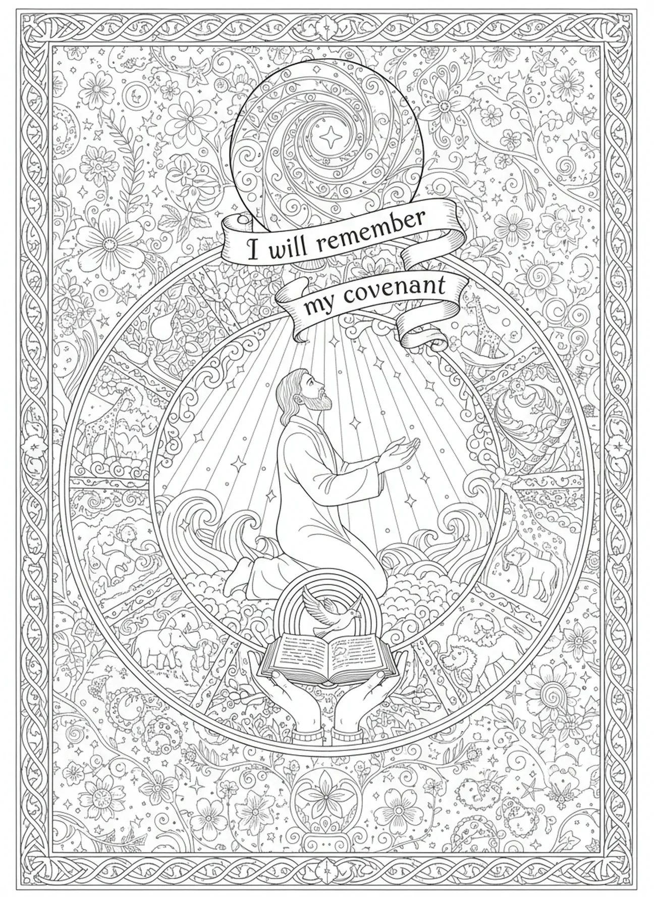 Noé recevant la promesse de Dieu, page à colorier Mandala Écriture pour adultes dans le style du journal biblique.