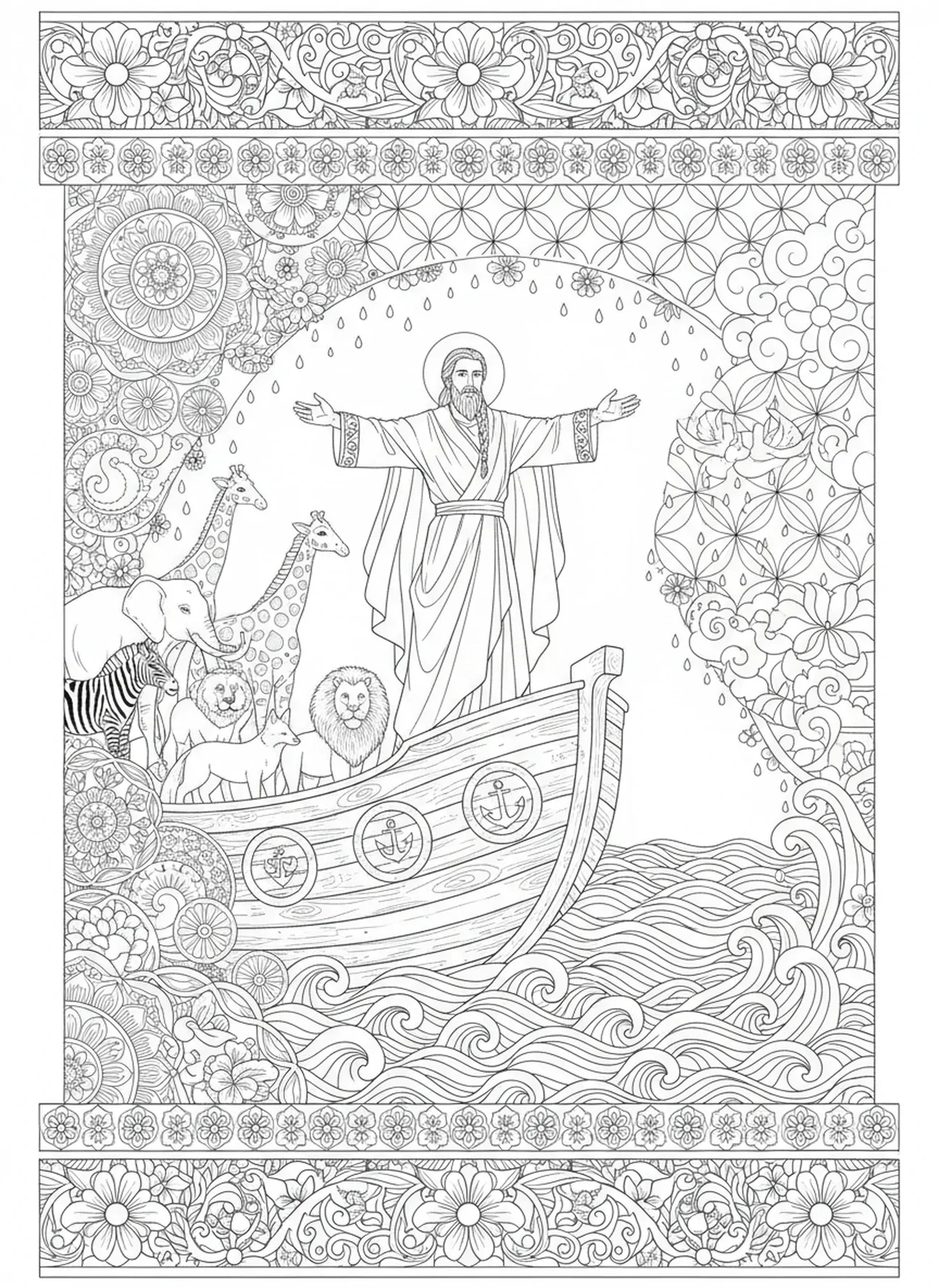 Noé observant les eaux du déluge se retirer, page à colorier Mandala pour adultes dans le style du journal biblique.