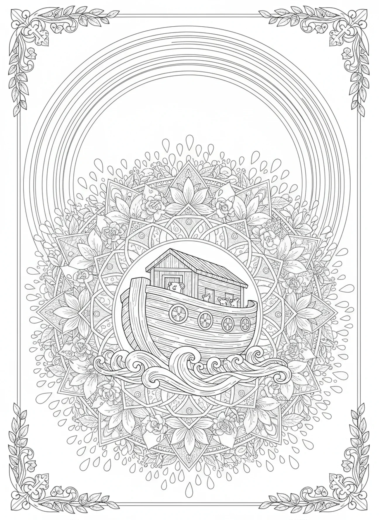 Arc-en-ciel au-dessus de l'arche, page à colorier Mandala Écriture pour adultes dans le style du journal biblique.