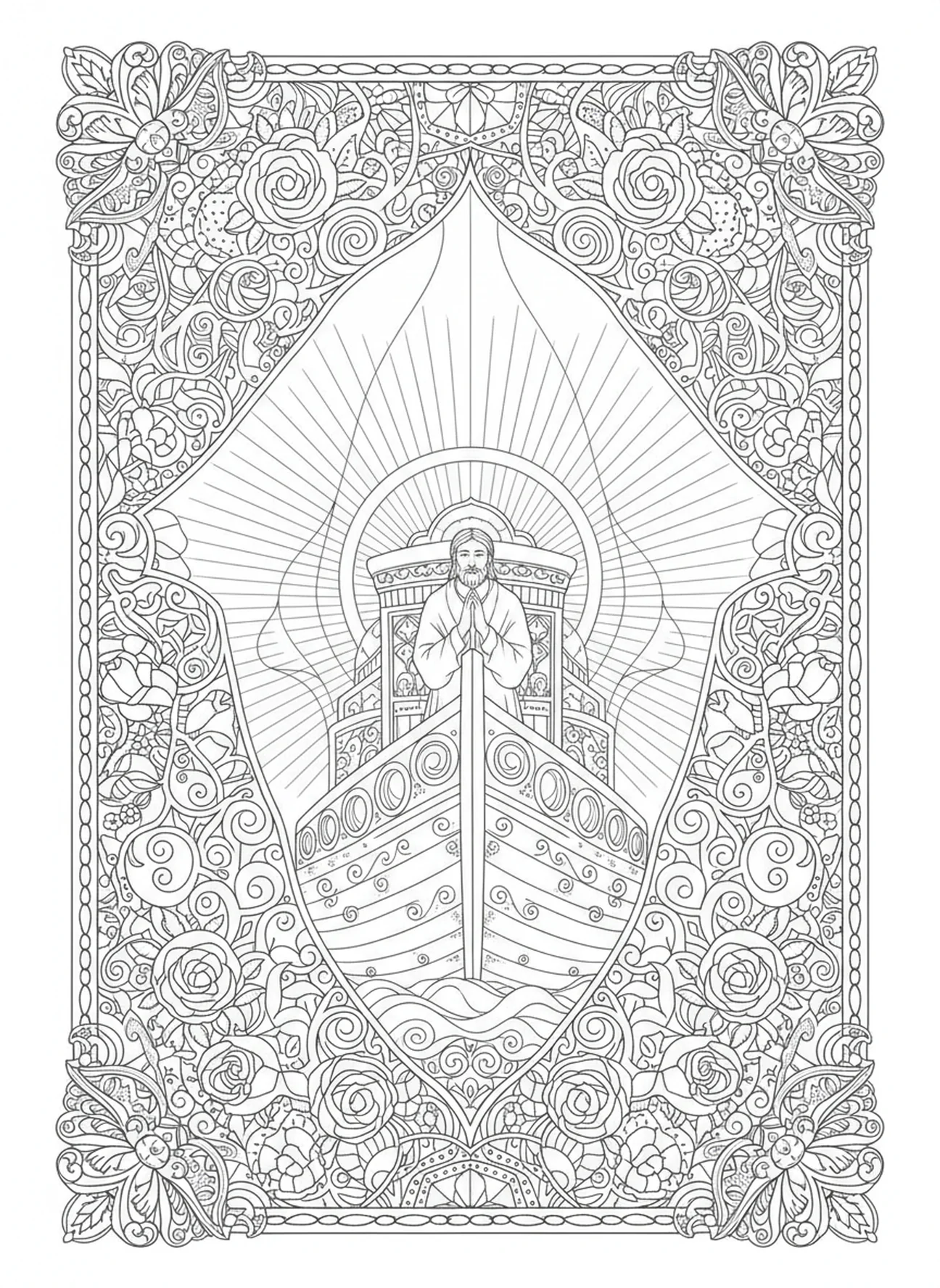 Noé ajoelhado em oração, página para colorir O Senhor te Abençoe no estilo de journaling bíblico para adultos