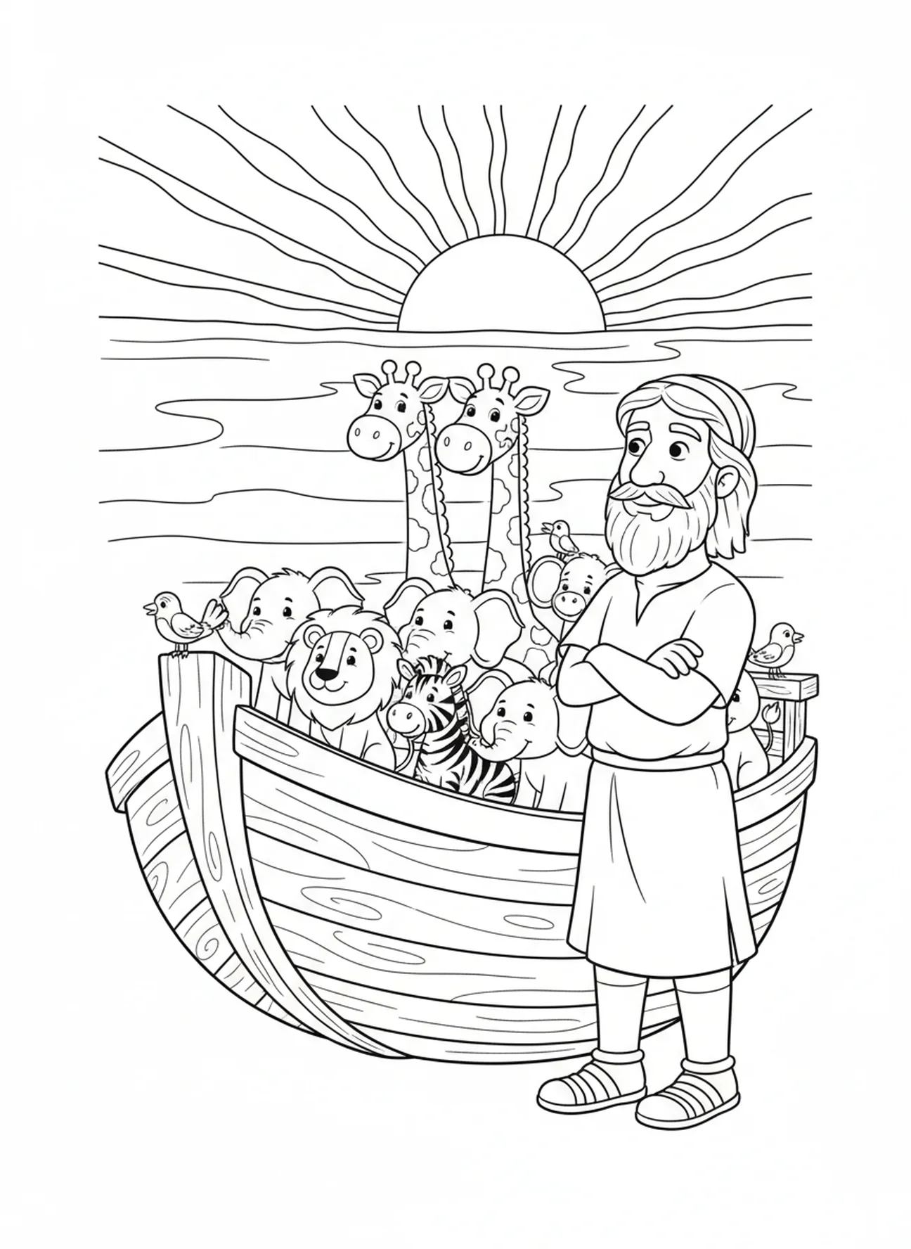 Noah, der den Sonnenuntergang beobachtet, Ausmalbild "Der Herr segne dich" für Kinder im Alter von 5-10 Jahren