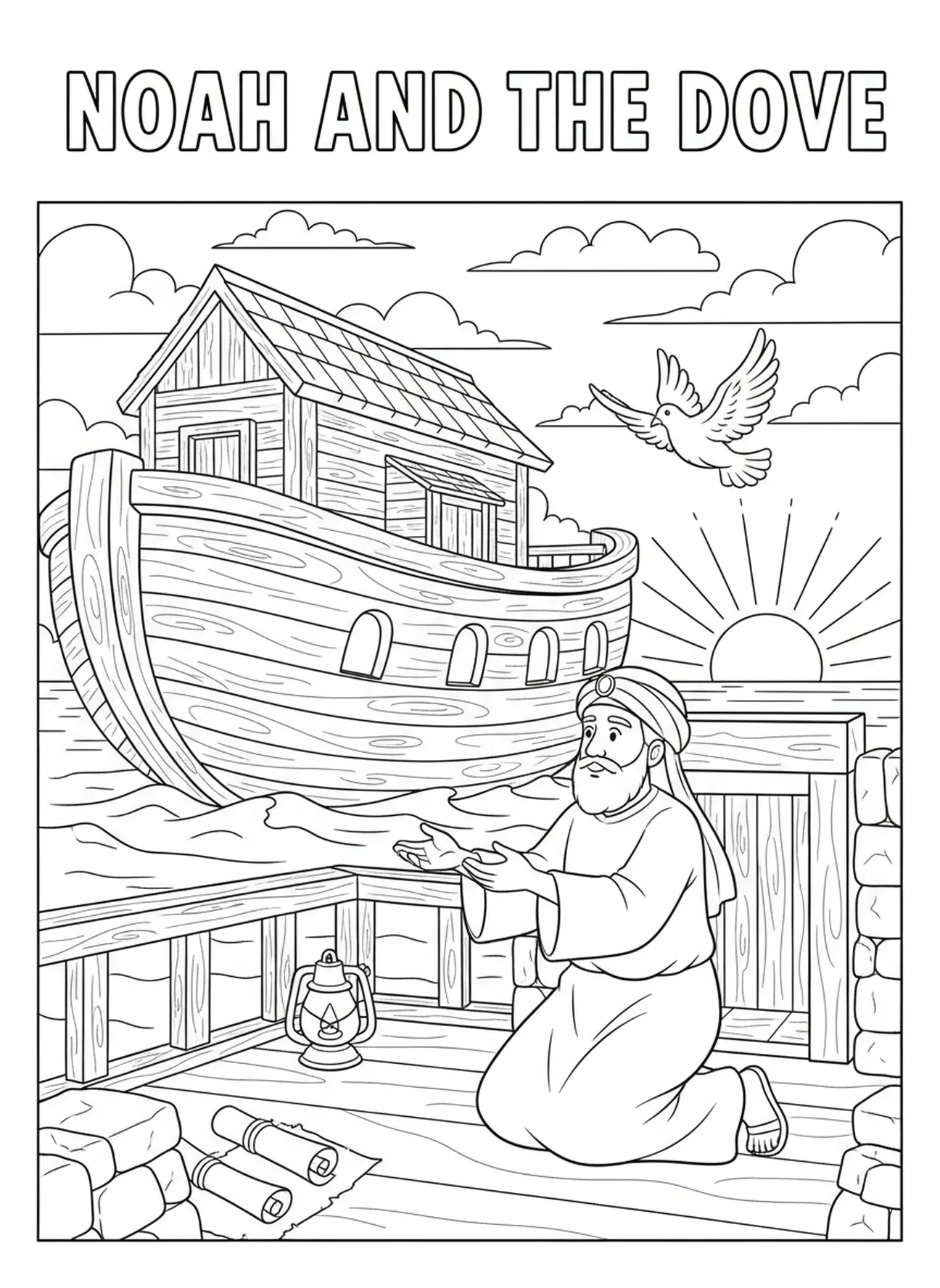 Noé libérant une colombe, page à colorier Le Seigneur vous bénisse pour les enfants de catéchisme âgés de 5 à 12 ans.