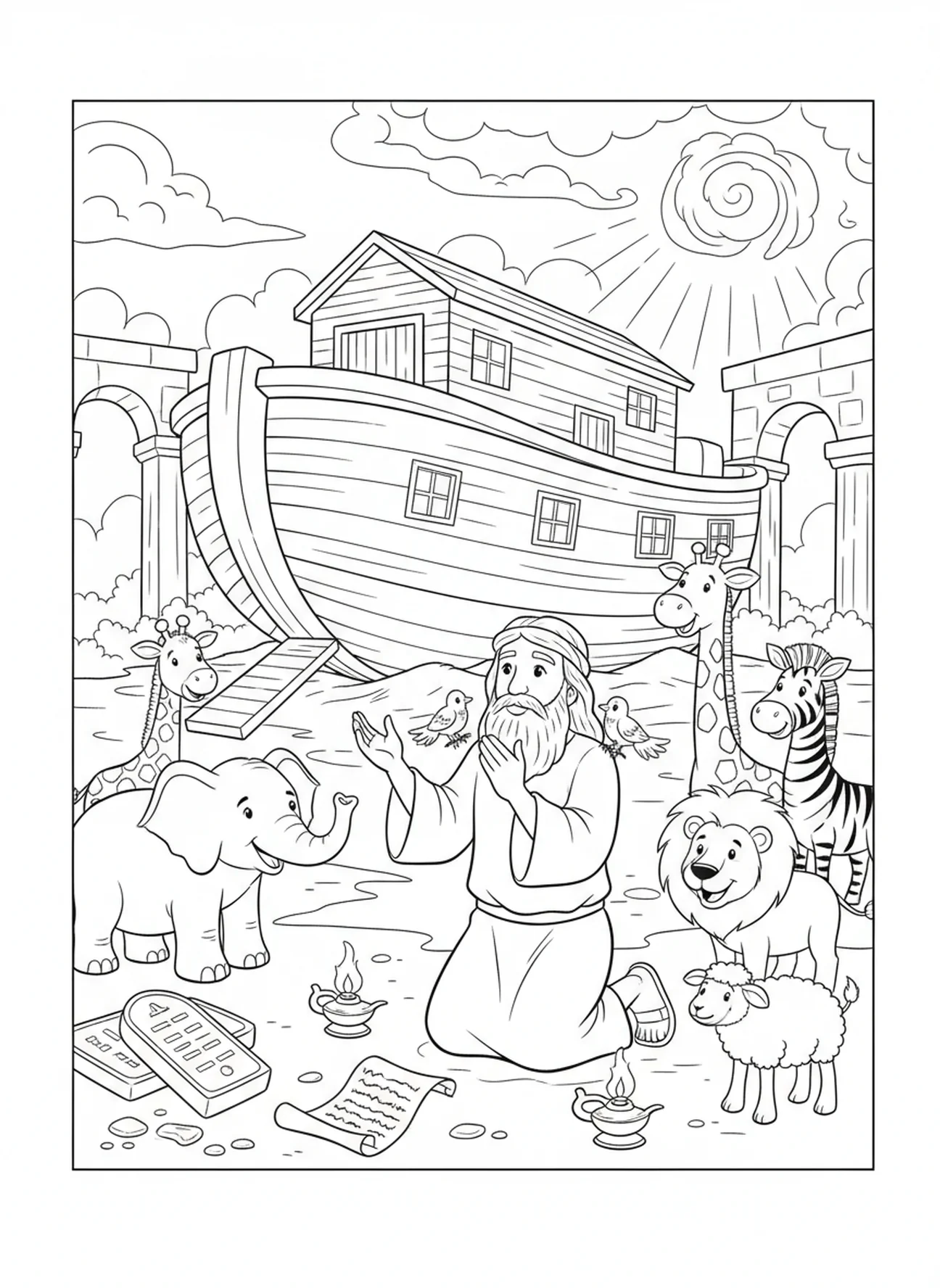 Noé remerciant, page à colorier Le Seigneur vous bénisse pour les enfants de l'École du dimanche âgés de 5 à 12 ans.