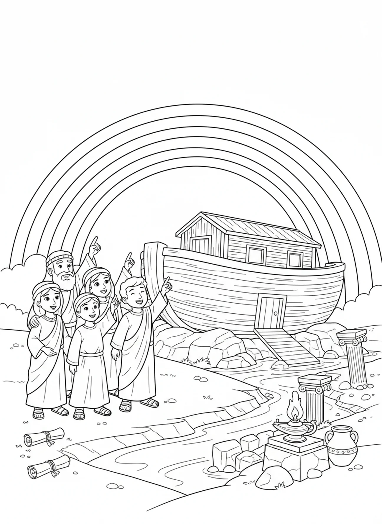 Noé et l'arc-en-ciel, page à colorier Le Seigneur vous bénisse pour les enfants de l'École du dimanche âgés de 5 à 12 ans.