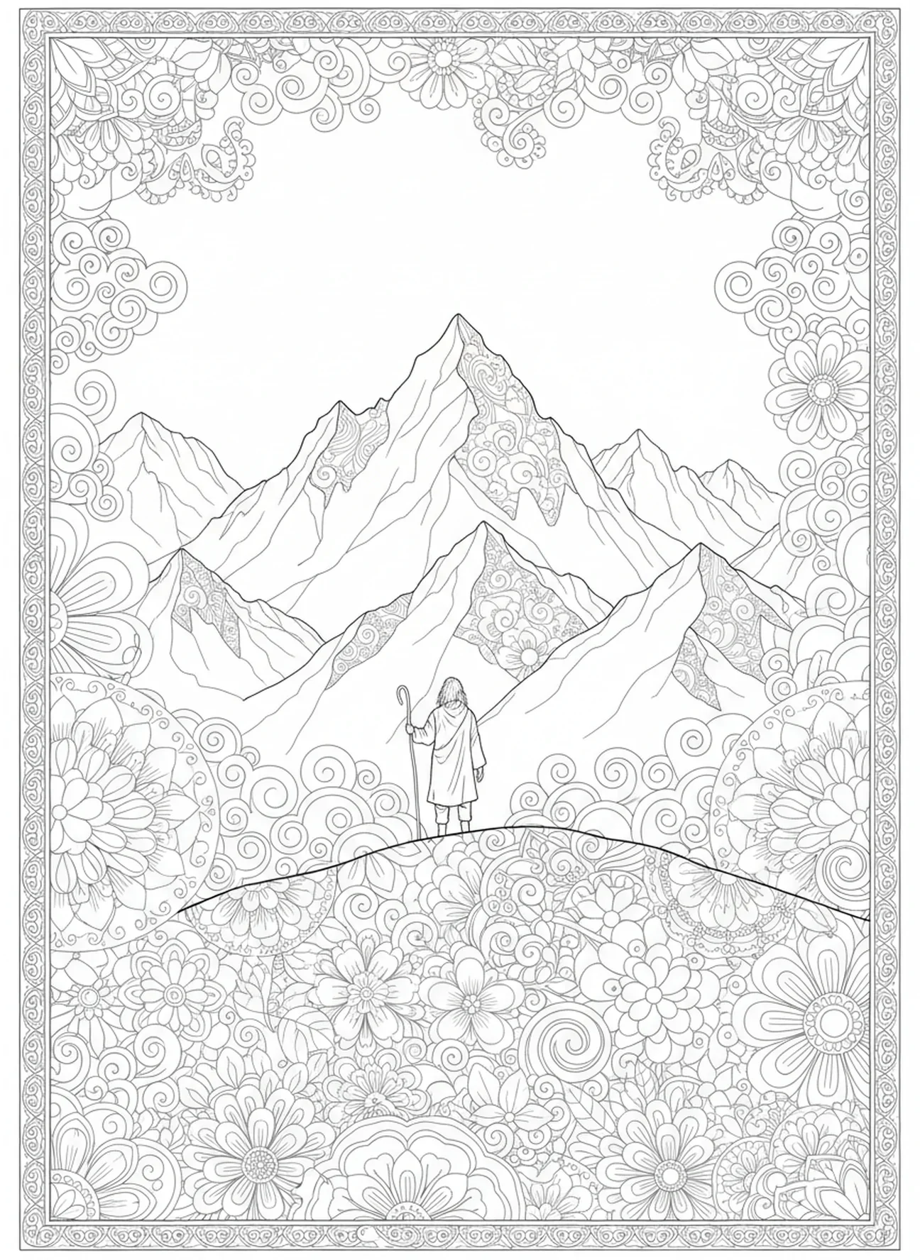 Pastor na colina, página de colorir O Senhor é o Meu Pastor para adultos no estilo de journaling bíblico.