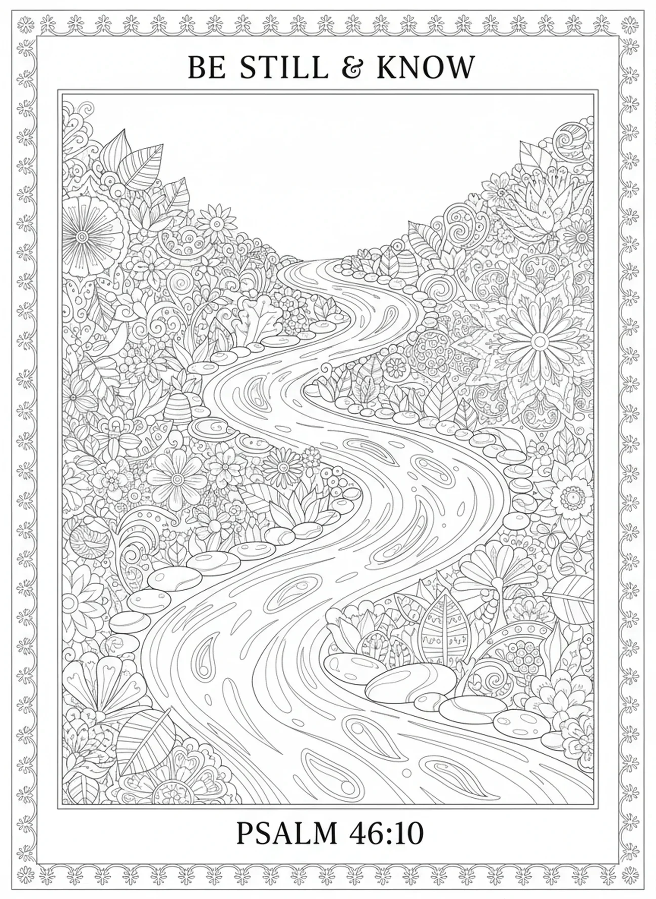 Página para colorir O Senhor é Meu Pastor, estilo de journaling bíblico para adultos com um rio fluente.