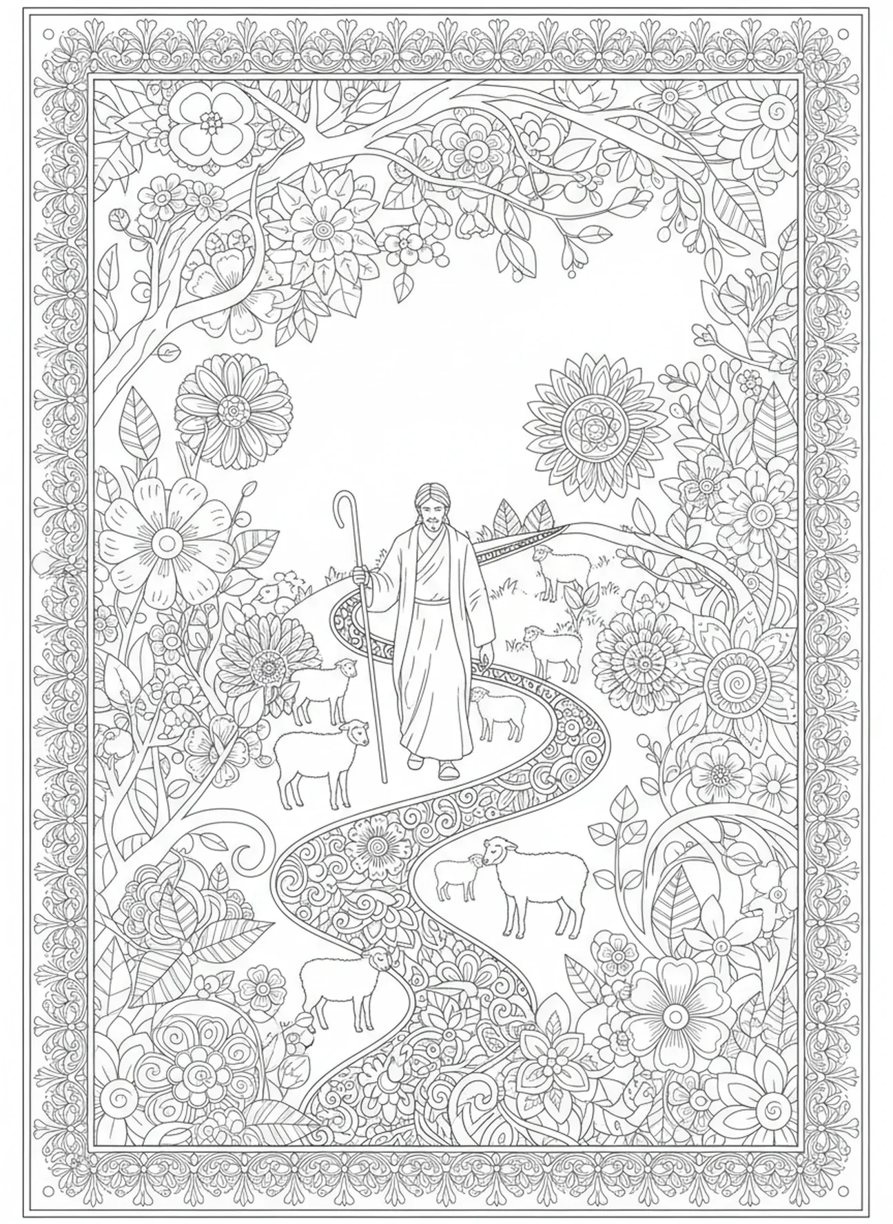 Pastor caminhando pelo caminho, página de colorir O Senhor é Meu Pastor para adultos no estilo de journaling bíblico.