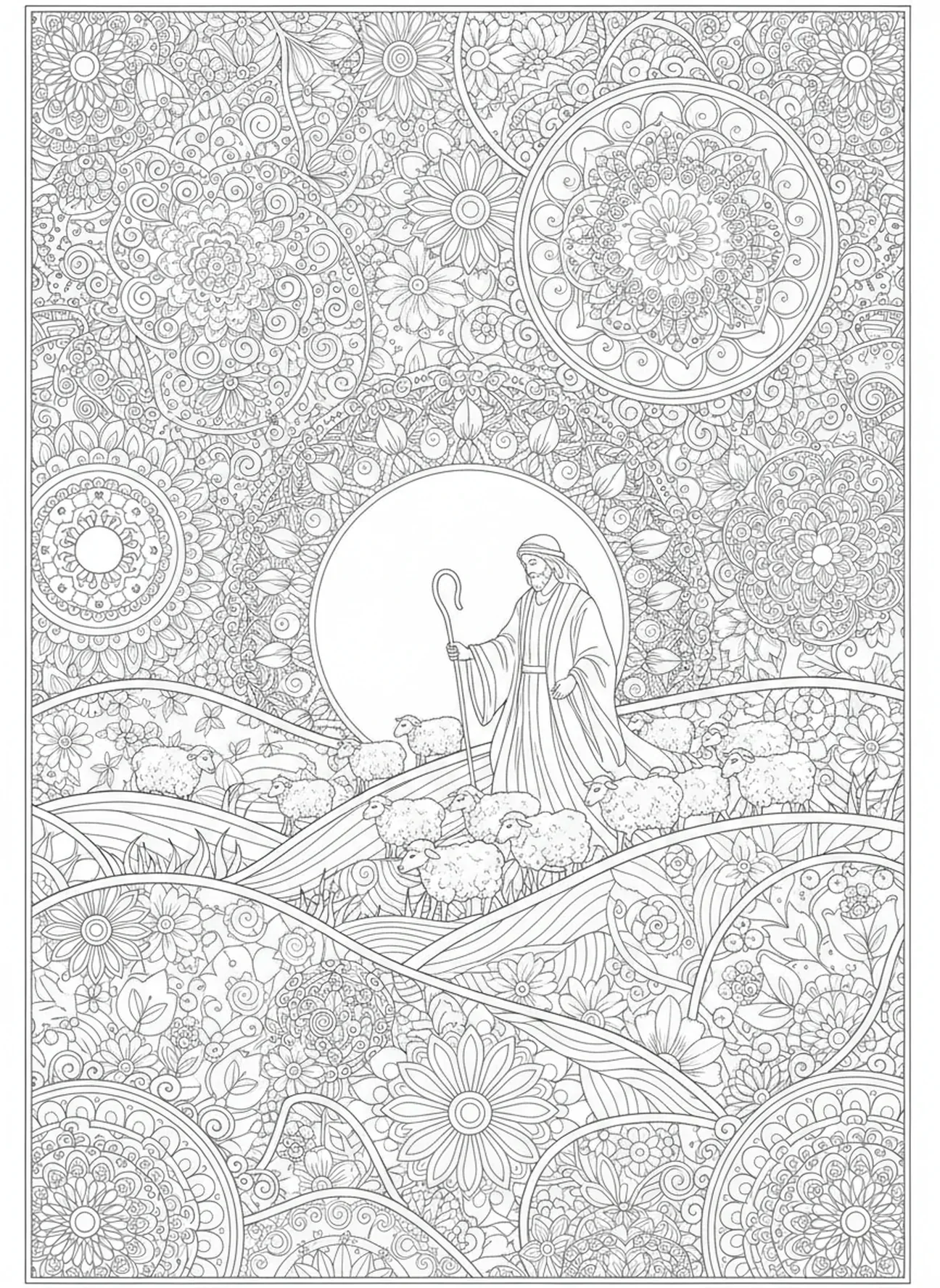 Pastor com ovelhas, página de colorir O Senhor é Meu Pastor para adultos no estilo de journaling bíblico.