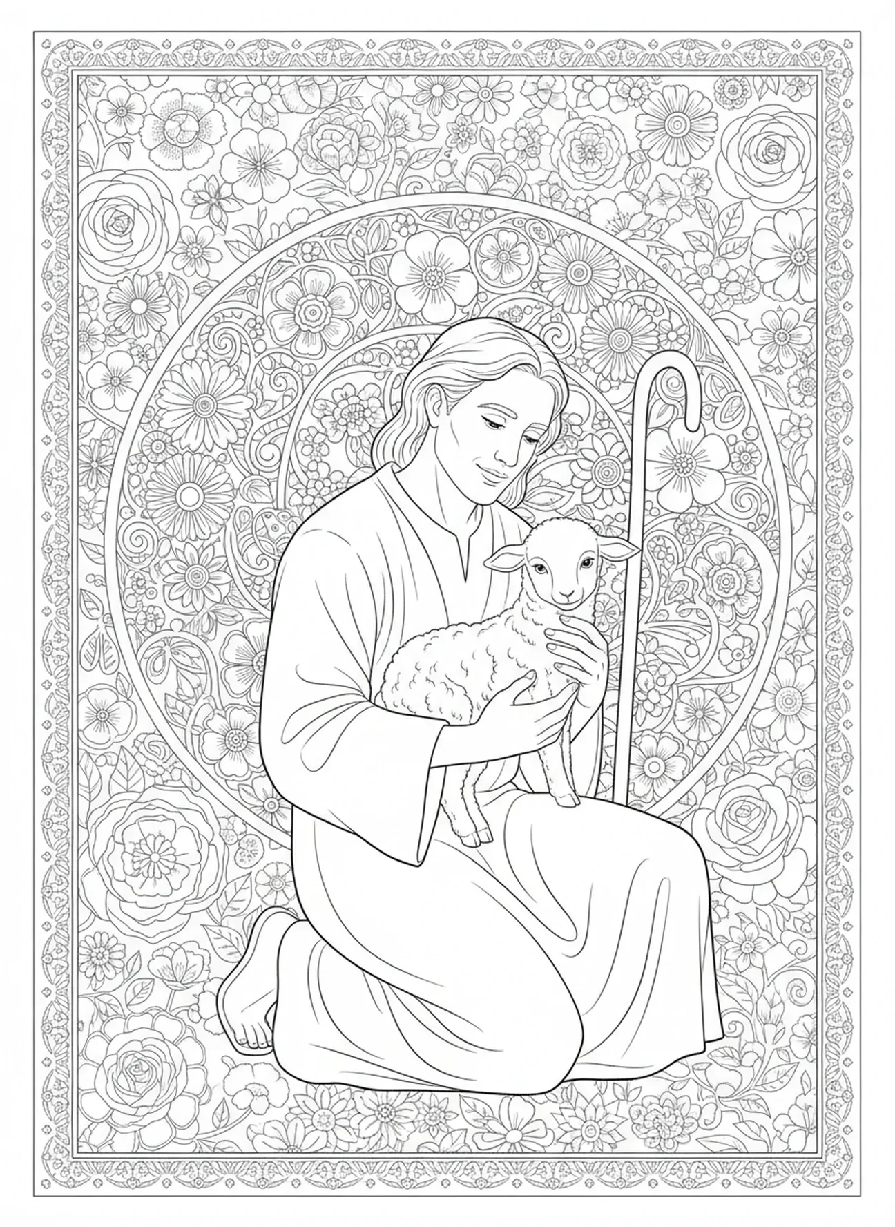 Pastor cuidando das ovelhas, página de colorir O Senhor é Meu Pastor para adultos no estilo de journaling bíblico.