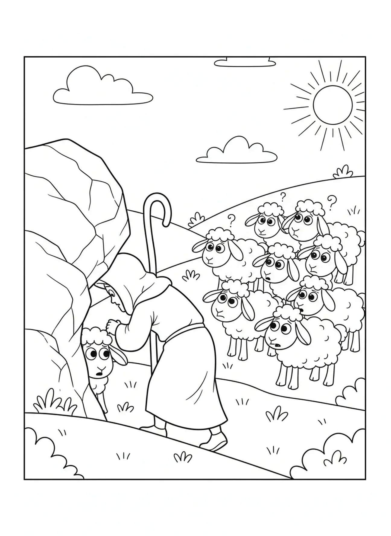Herder die naar een verloren schaap zoekt achter een grote steen, De Heer is mijn Herder kleurplaat voor kinderen van 5-10 jaar