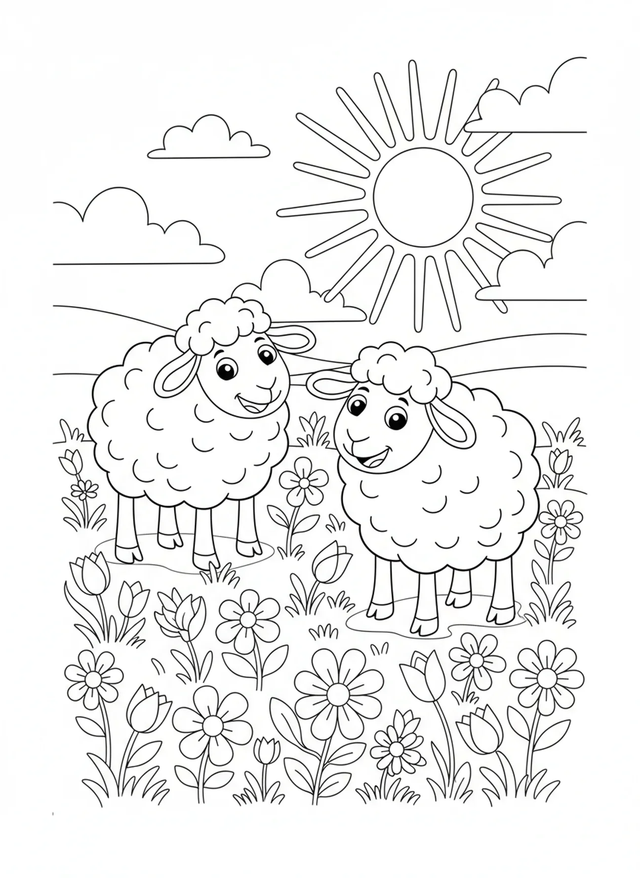 Twee grote schapen die grazen in een weiland, De Heer is mijn Herder kleurplaat voor kinderen van 5-10 jaar