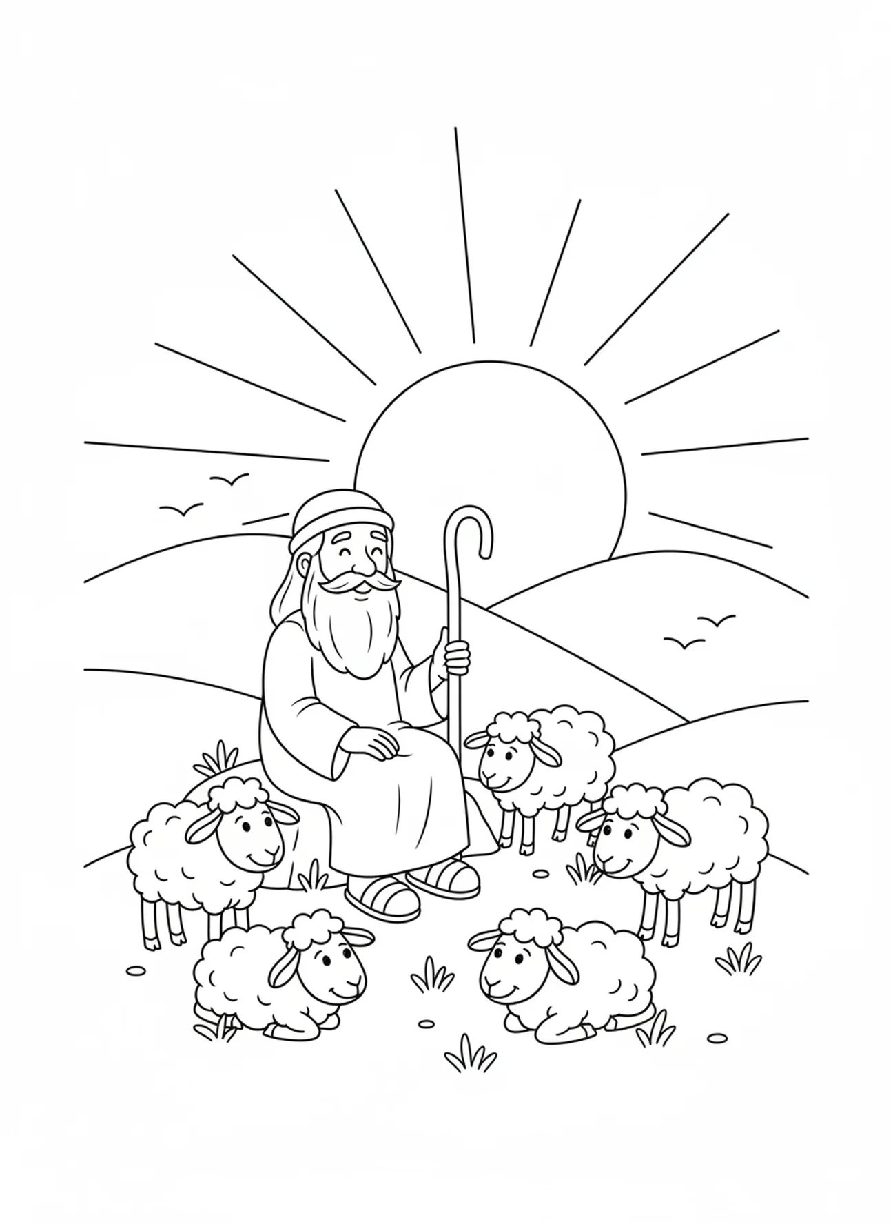 Herder die met zijn schapen zit bij zonsondergang, De Heer is mijn Herder kleurplaat voor kinderen van 5-10 jaar