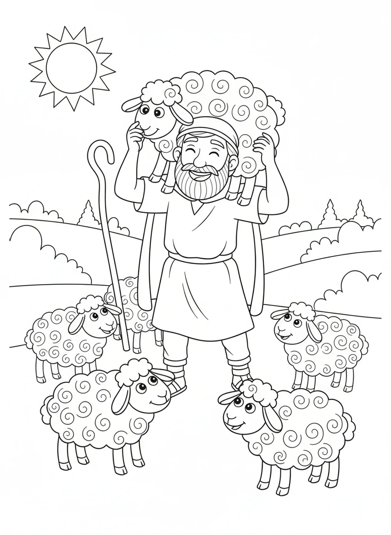 Herder die een groot schaap op zijn schouders draagt, De Heer is mijn Herder kleurplaat voor kinderen van 5-10 jaar