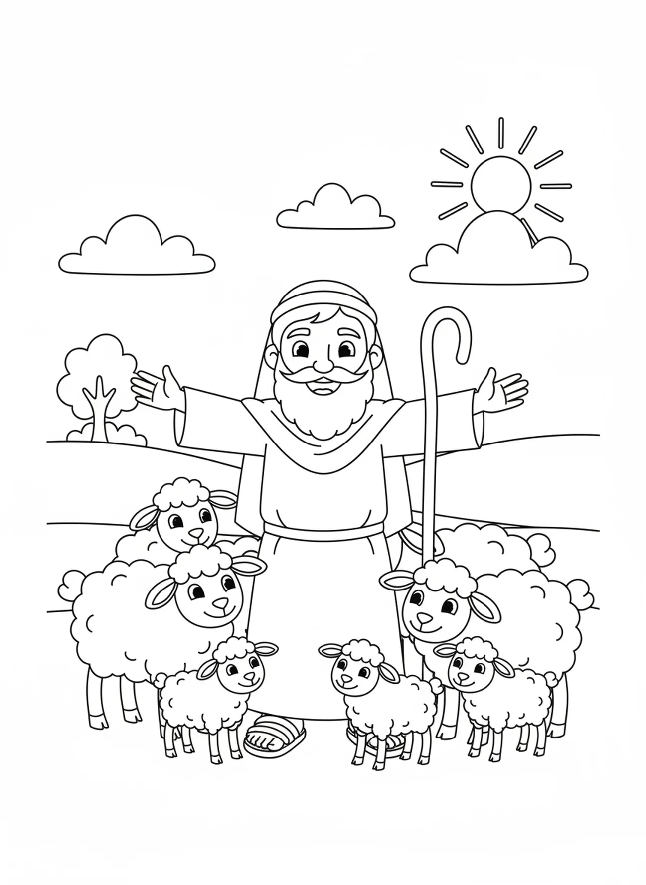 Herder die een kudde schapen beschermt onder een blauwe lucht, De Heer is mijn Herder kleurplaat voor kinderen van 5-10 jaar