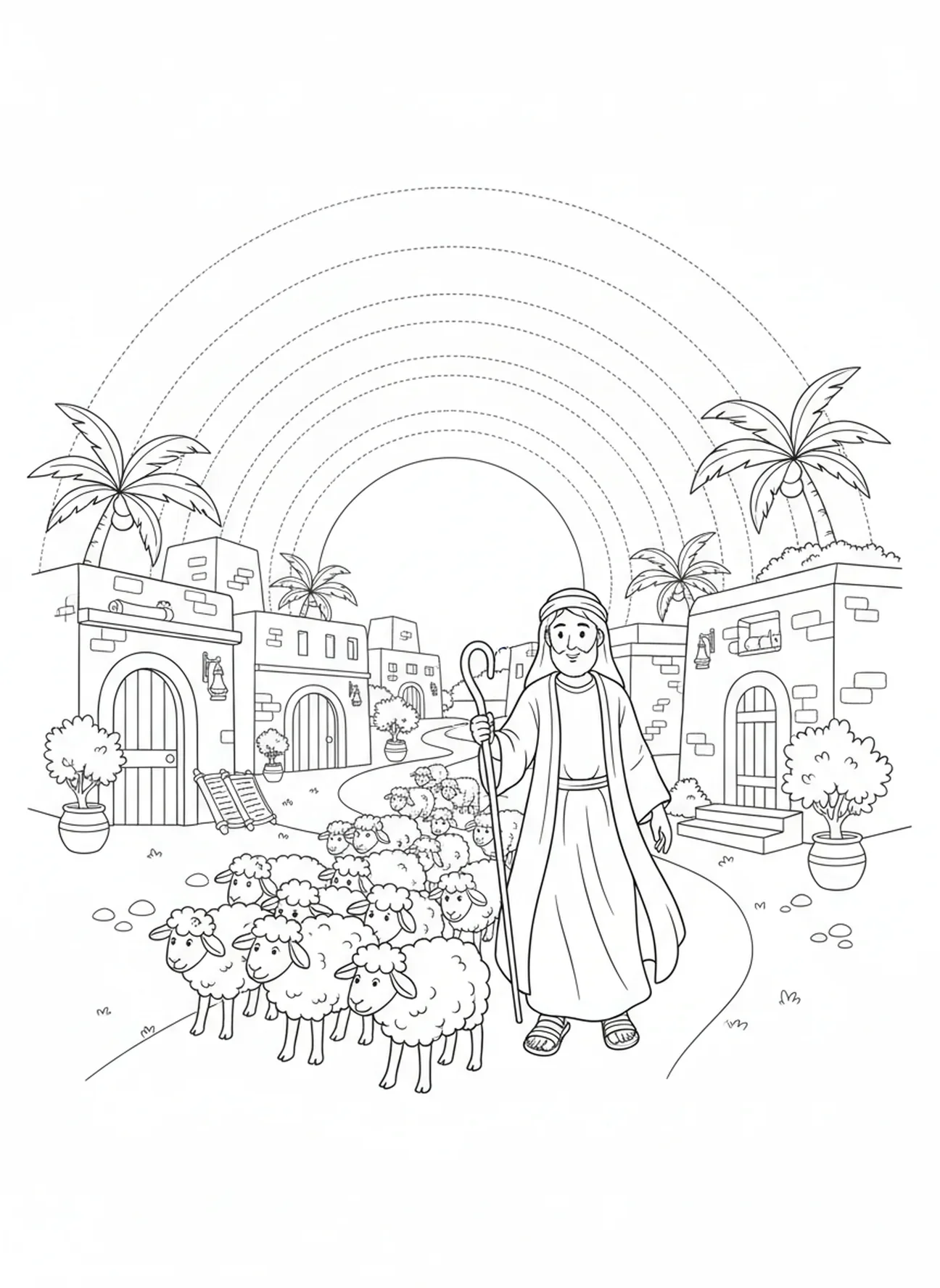 Herder leidt schapen naar huis, De Heer is mijn Herder kleurplaat voor Zondagsschool kinderen van 5-12 jaar.