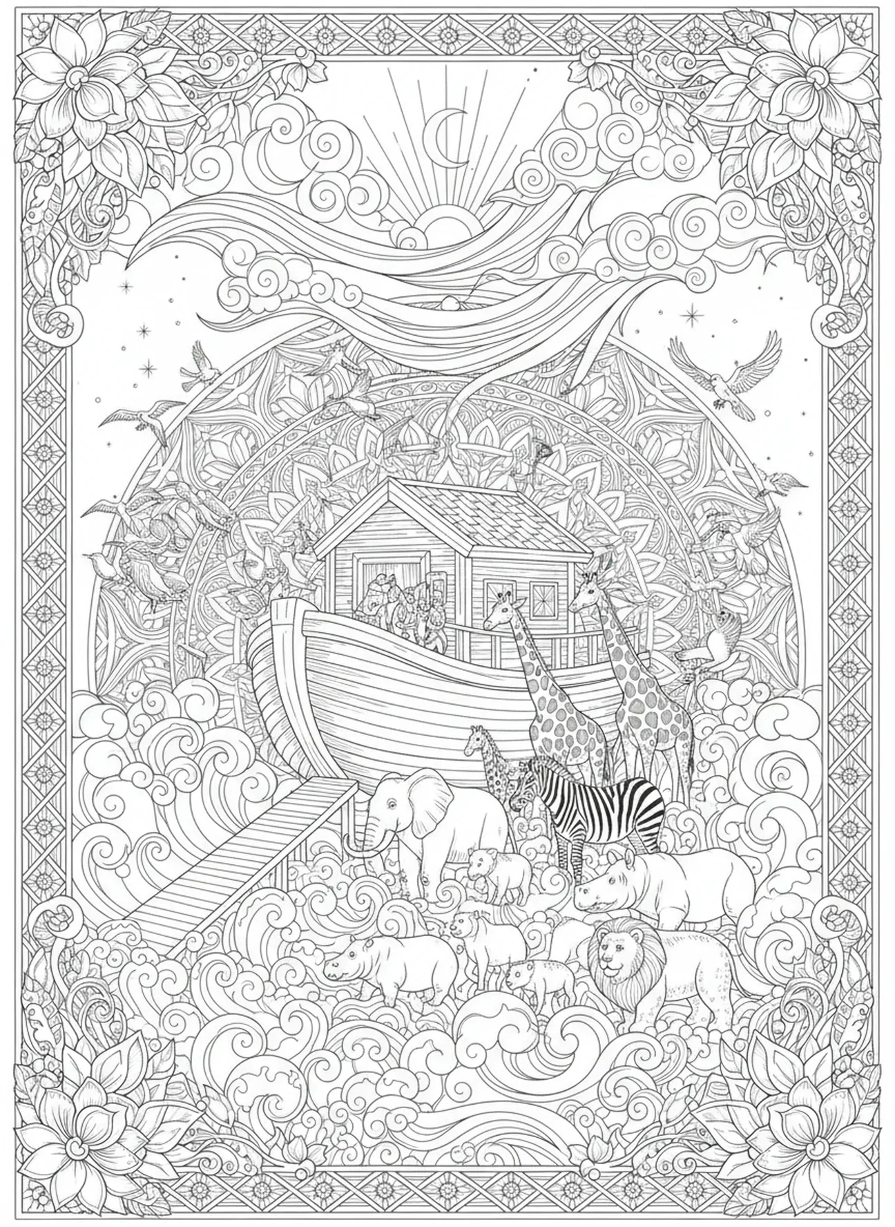 Casais de animais embarcando na arca, página de colorir Confie no Senhor para adultos no estilo de journaling bíblico.