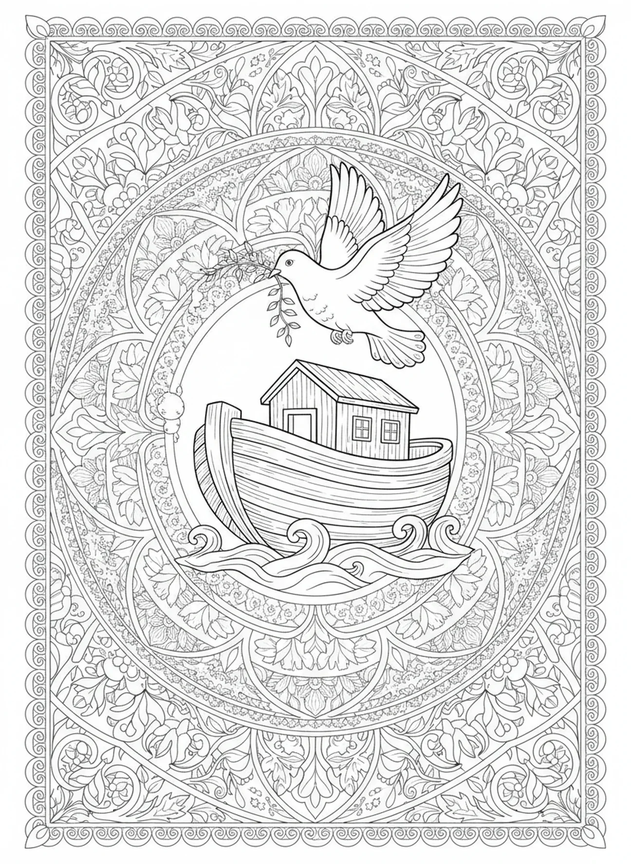 Pomba carregando um ramo de oliveira, página para colorir Confie no Senhor estilo de journaling bíblico para adultos.