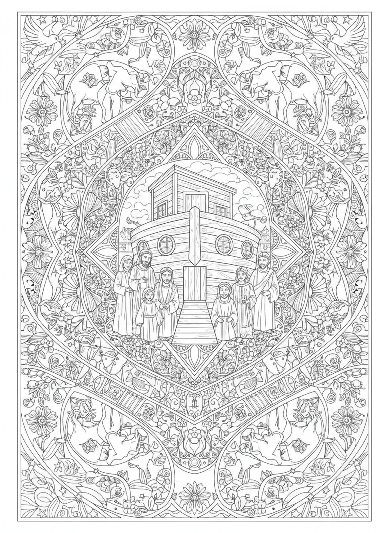 Noé e sua família ao lado da arca, página de colorir Confie no Senhor para adultos no estilo de journaling bíblico.