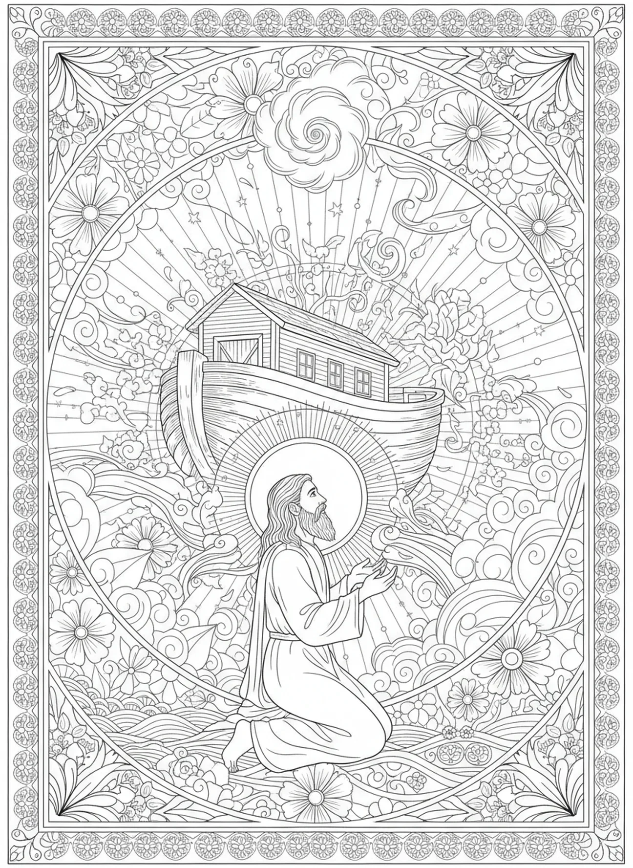 Noé recebendo o comando de Deus, página para colorir Confie no Senhor no estilo de journaling bíblico para adultos.