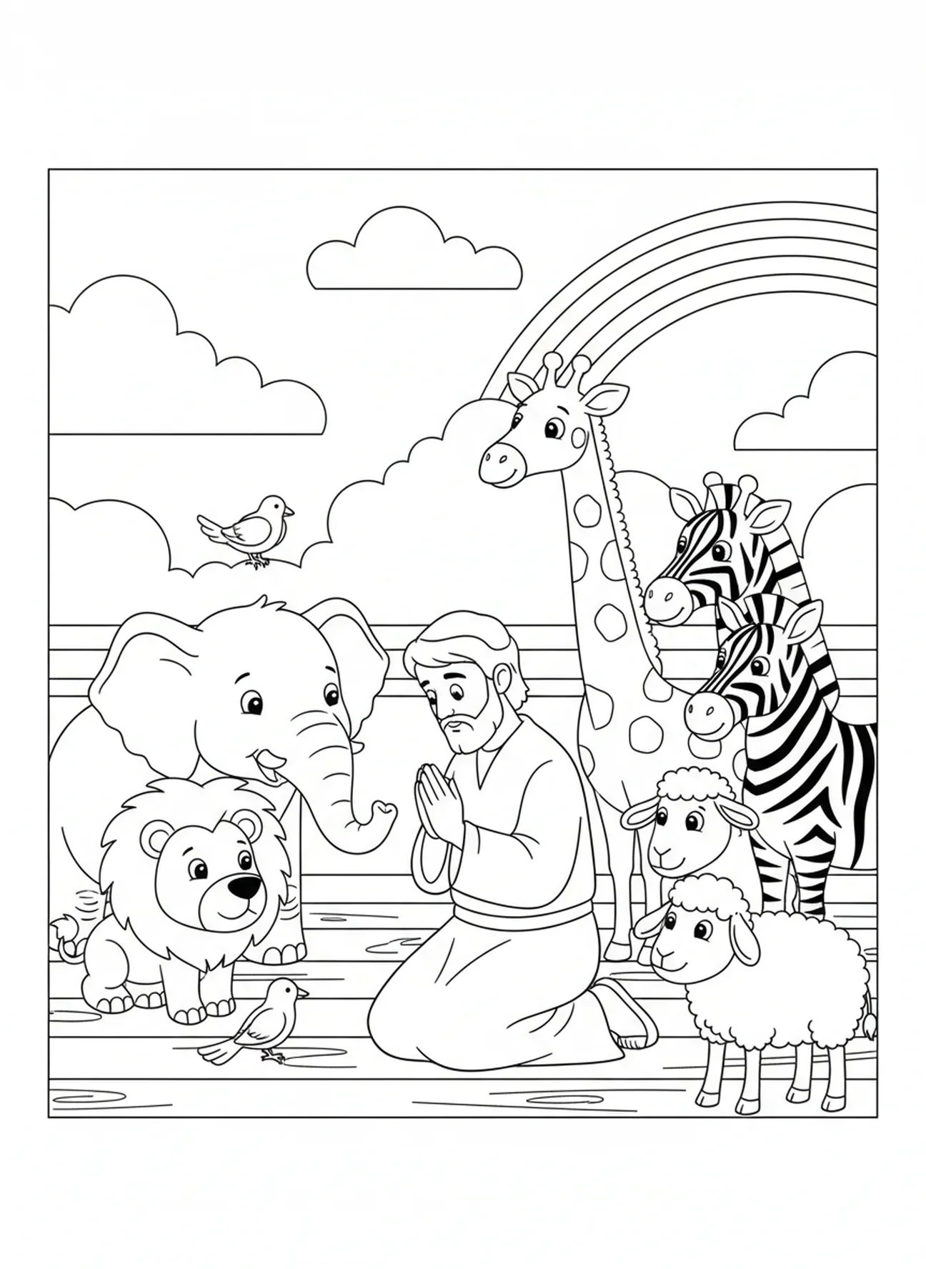 Noah betet, Vertrauen auf den Herrn Ausmalbild für Kinder im Alter von 5-10 Jahren