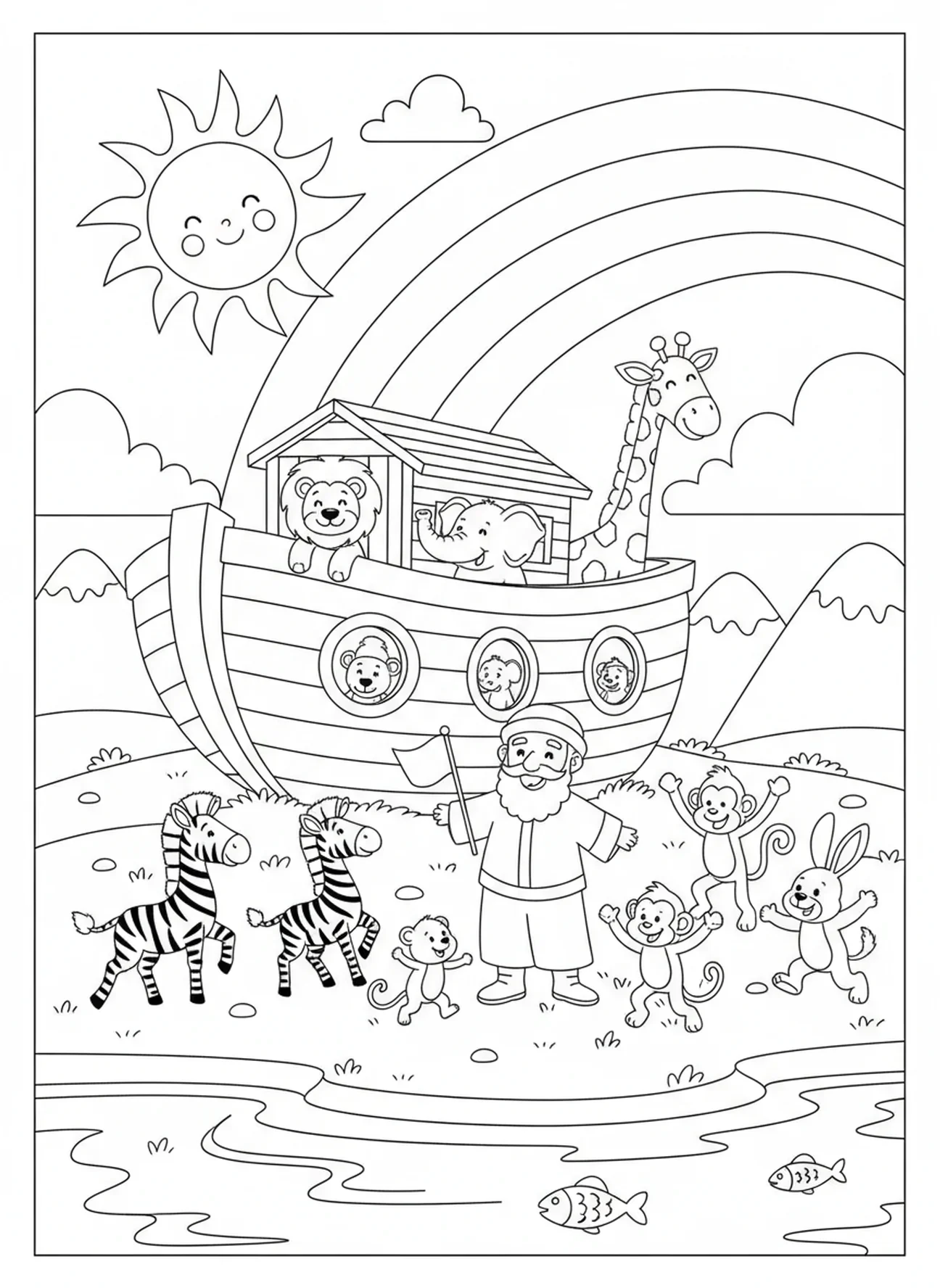 Noah und Tiere feiern, Vertraue auf den Herrn Malvorlage für Kinder im Alter von 5-10 Jahren