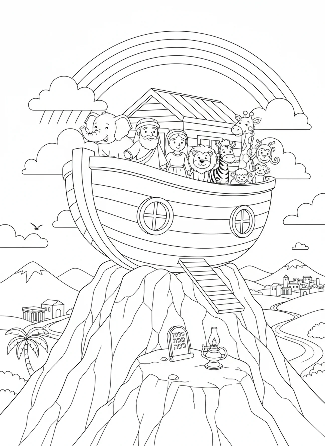 Noé e os animais na montanha, página para colorir Confie no Senhor para crianças da Escola Dominical de 5 a 12 anos.