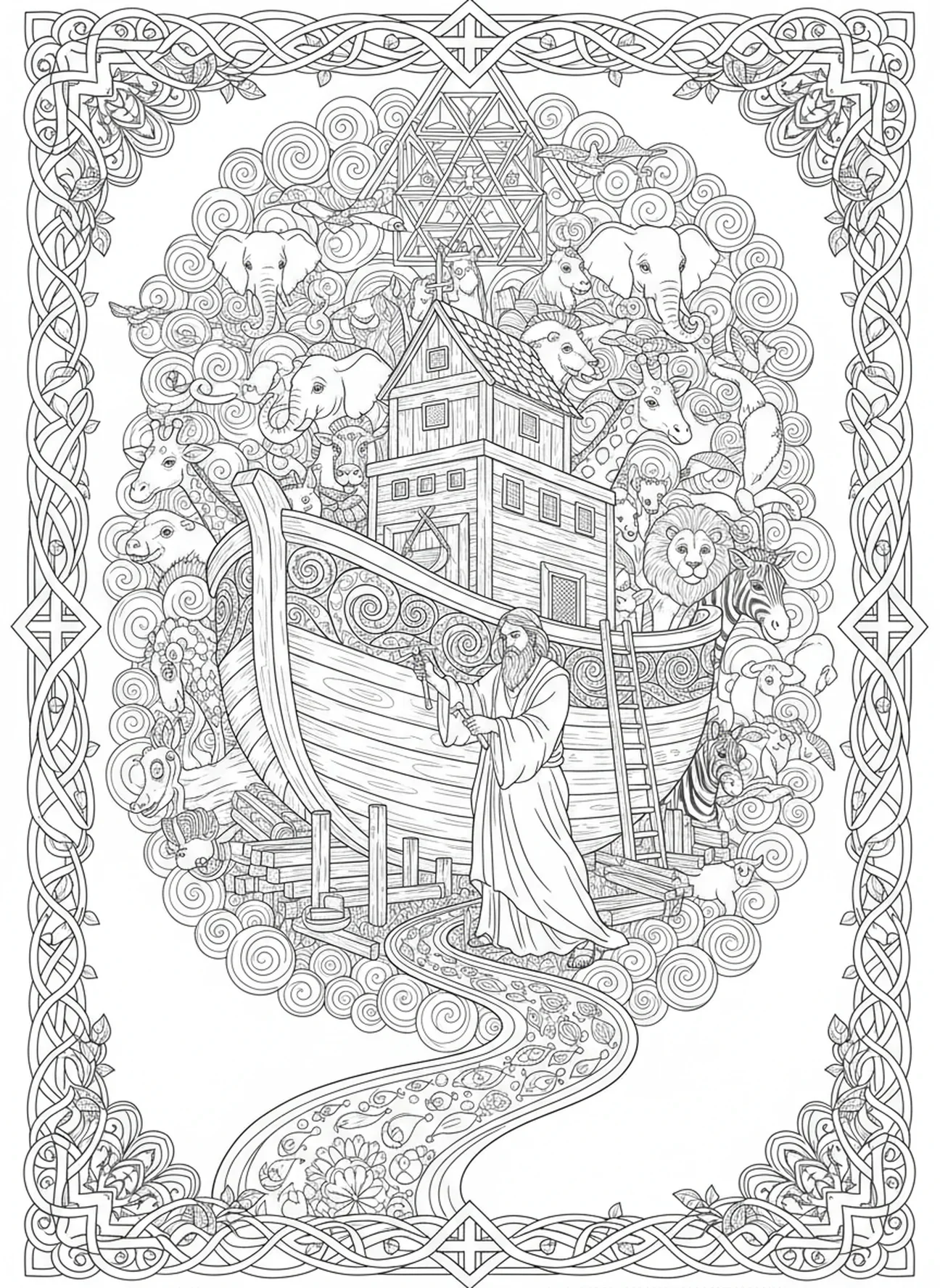 Noah beim Bau der Arche, Ausmalbild zum Buch des Lebens für Erwachsene im Stil des Bibeljournaling