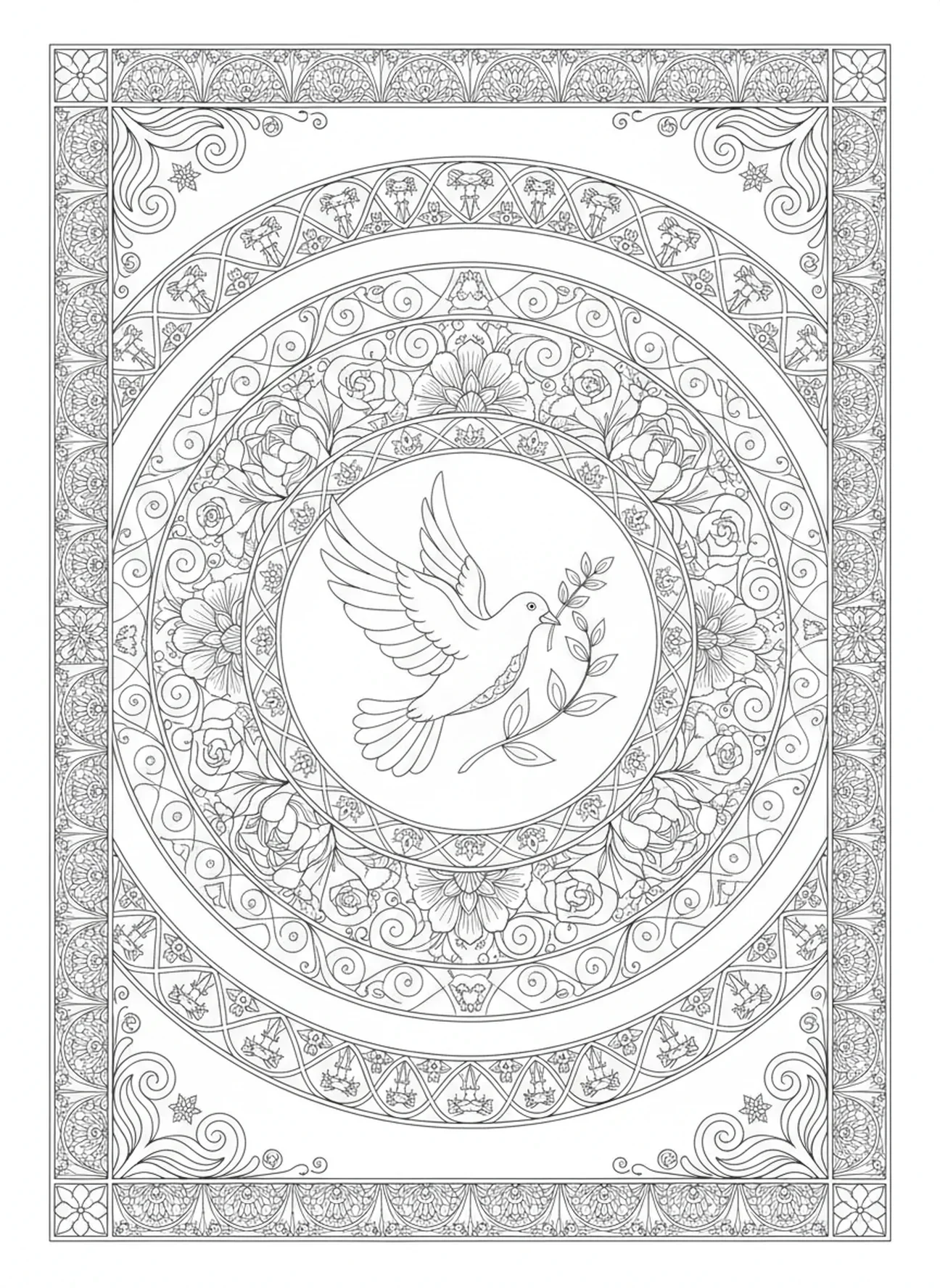 Taube mit Olivenzweig, Ausmalbild zum Buch des Lebens für Erwachsene im Bibel-Journaling-Stil