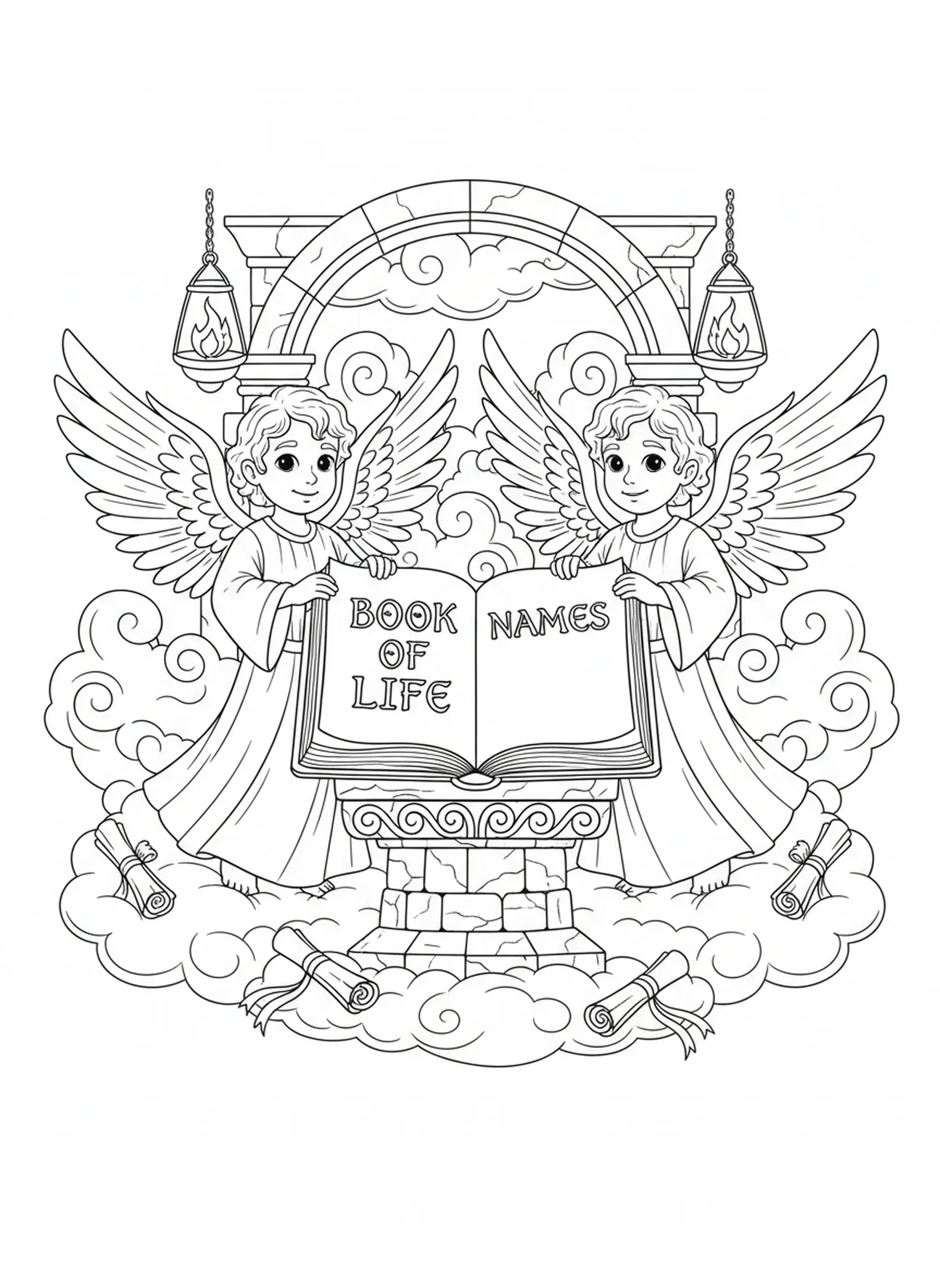 Dois anjos ao lado do Livro da Vida, página para colorir do Livro da Vida para crianças da Escola Dominical de 5 a 12 anos.