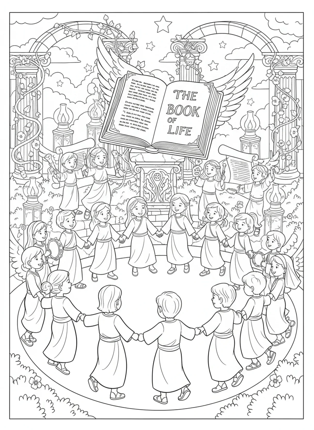 Pessoas dançando ao redor do Livro da Vida, página de colorir do Livro da Vida para crianças da Escola Dominical de 5 a 12 anos.