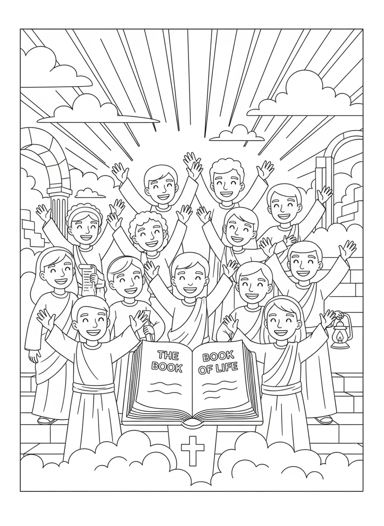 Grupo de pessoas alegres ao redor do Livro da Vida, página de colorir do Livro da Vida para crianças da Escola Dominical de 5 a 12 anos.