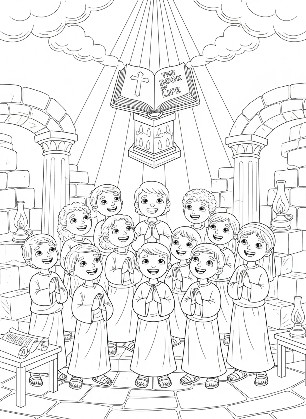 Luz radiante brilhando sobre o Livro da Vida, página de colorir do Livro da Vida para crianças da Escola Dominical de 5 a 12 anos.