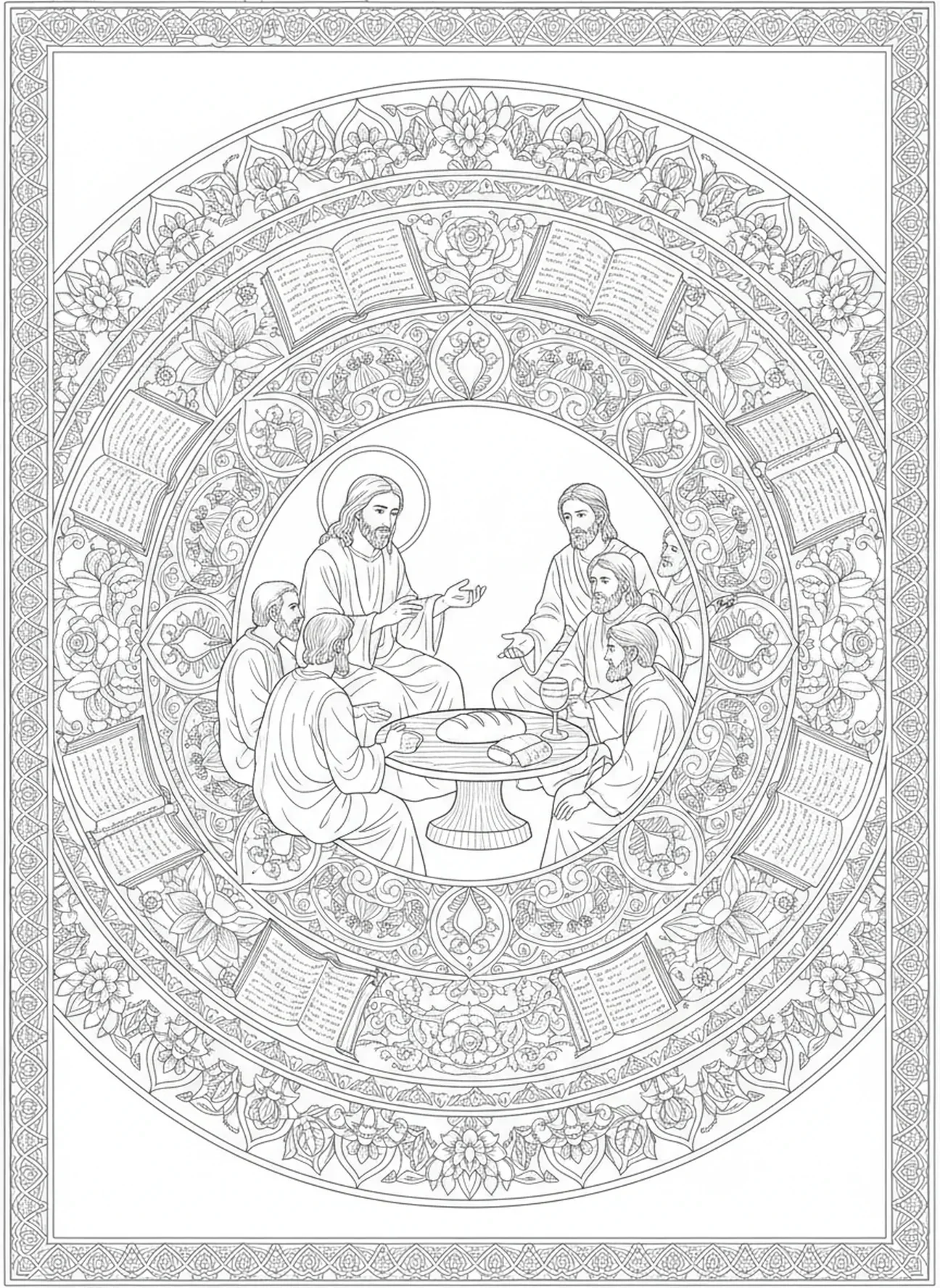 Jesus ensinando os discípulos com pão, página de colorir Pão da Vida para adultos no estilo de journaling bíblico