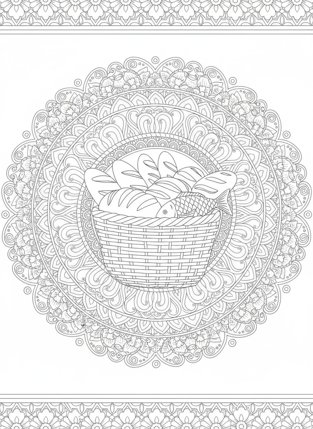 Cesta com pães e peixes, página de colorir Pão da Vida para adultos no estilo de journaling bíblico