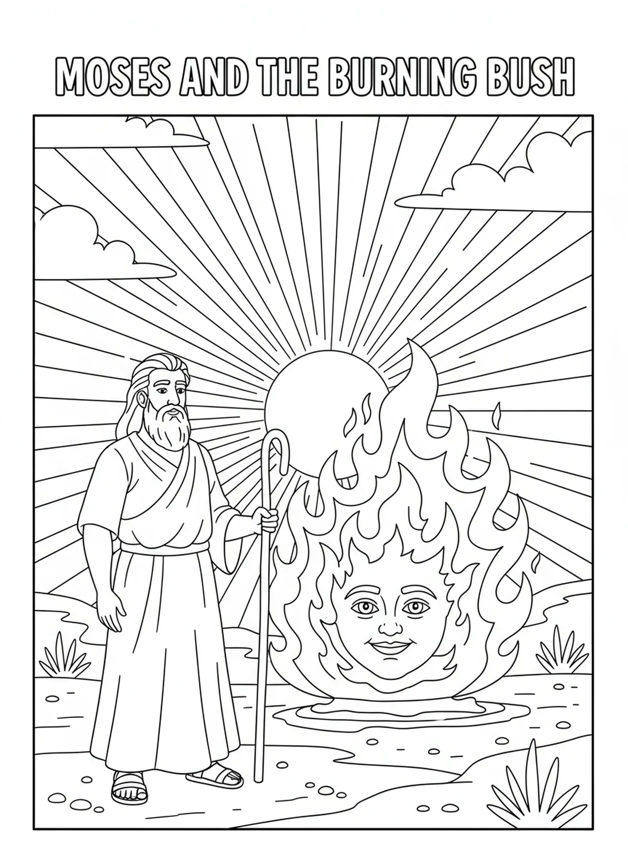 Moses entschlossen, Ausmalbild der brennenden Dornenhecke für Kinder im Alter von 5-10 Jahren.