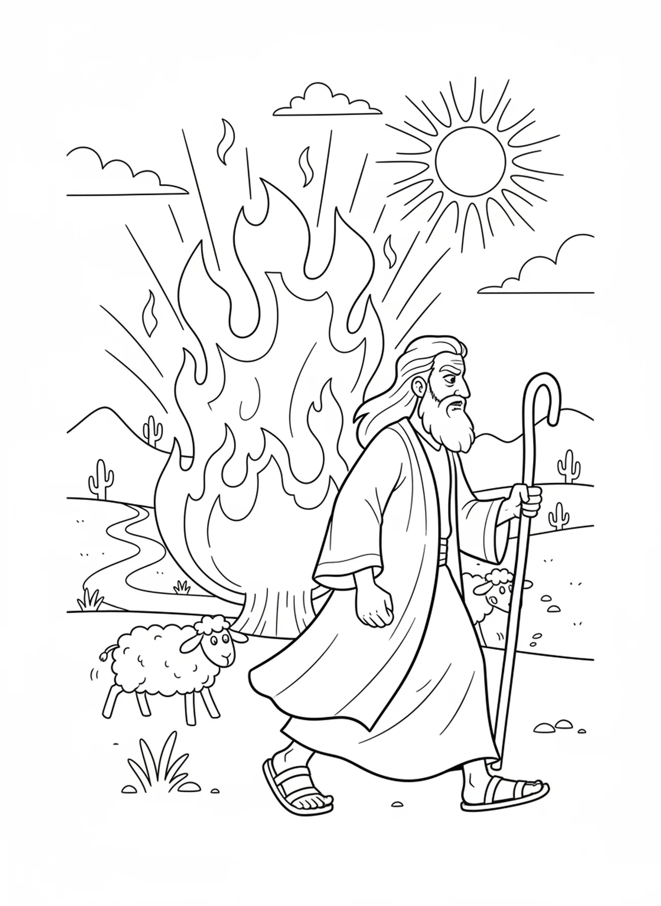 Moses geht weg, Ausmalbild vom brennenden Dornbusch für Kinder im Alter von 5-10 Jahren.