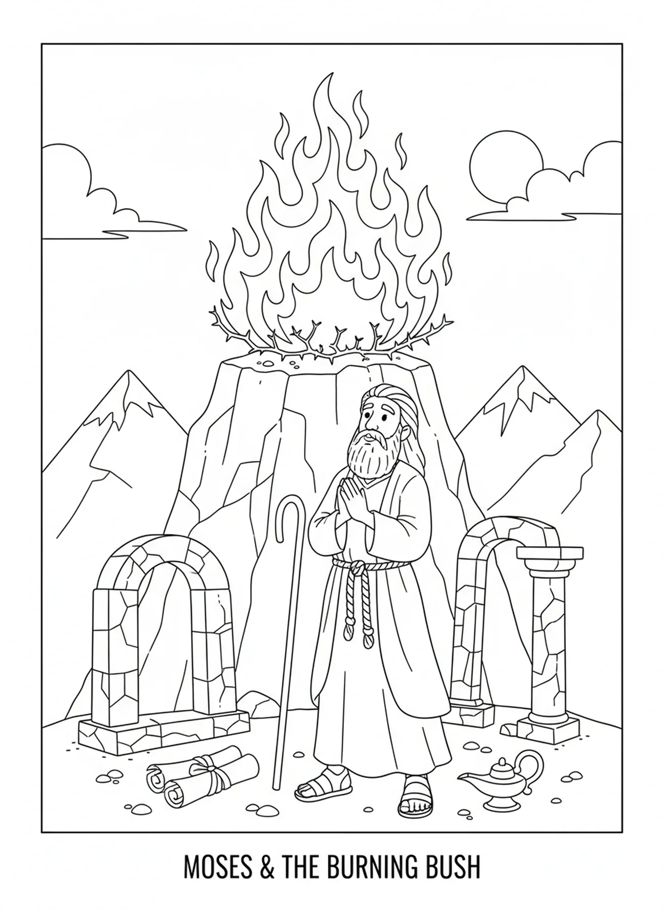 Der brennende Busch mit Flammen, Ausmalbild vom brennenden Busch für die Sonntagsschule für Kinder im Alter von 5-12 Jahren.
