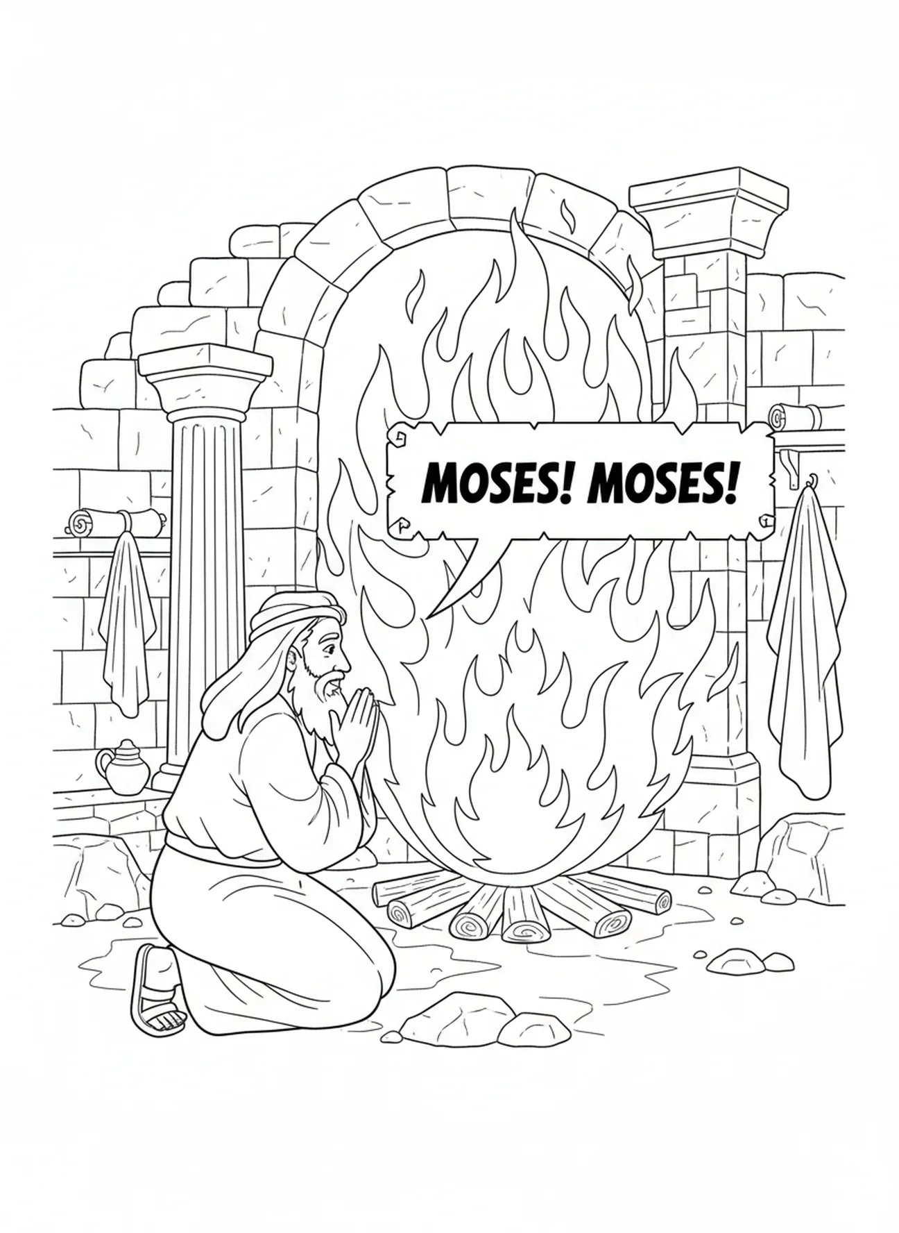 Moses, der sein Gesicht bedeckt, Ausmalbild der brennenden Dornenhecke für Kinder in der Sonntagsschule im Alter von 5-12 Jahren.
