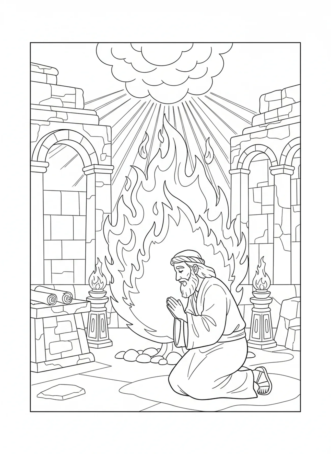 Moses hört auf Gott, Ausmalbild mit dem brennenden Busch für Sonntagsschulkinder im Alter von 5-12 Jahren.
