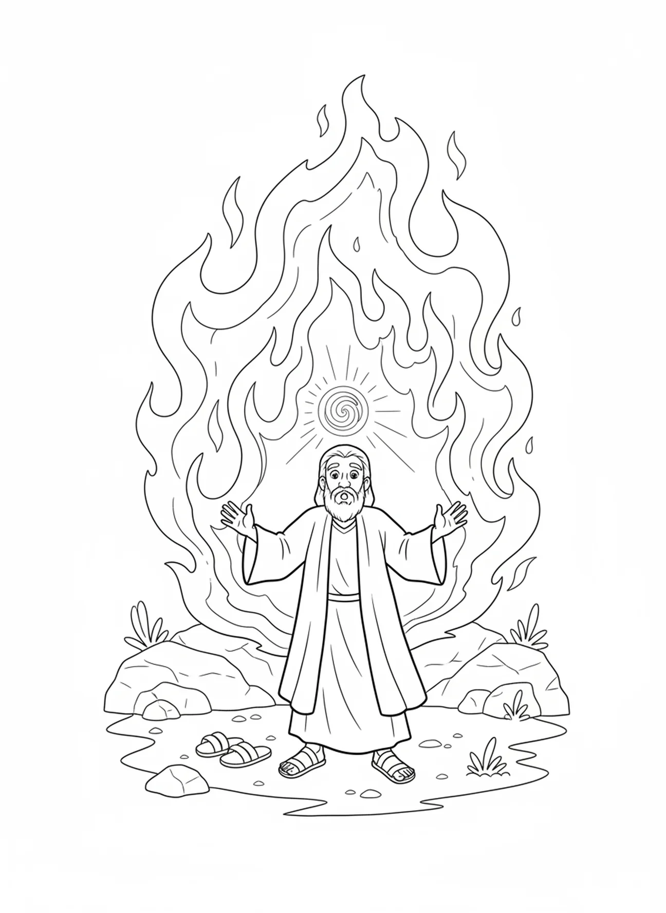 Moses hebt die Hände, während Gott durch den brennenden Busch spricht, Ausmalbild des brennenden Busches für Kinder im Alter von 5-10 Jahren.
