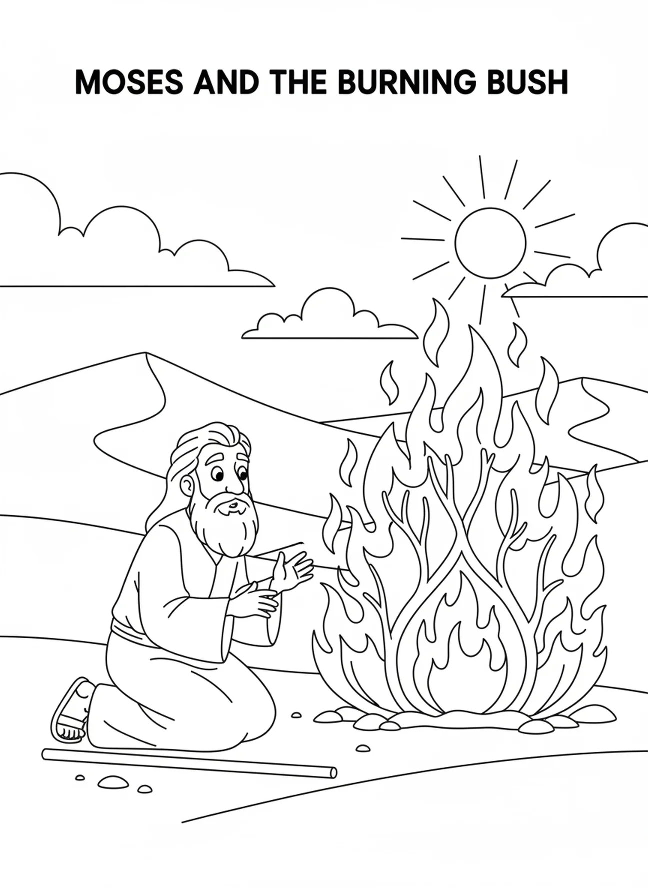 Moses, der den brennenden Dornbusch betrachtet, Ausmalbild des brennenden Dornbuschs für Kinder im Alter von 5-10 Jahren.